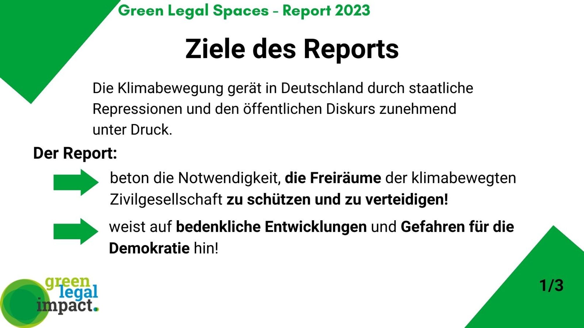 Infofolie mit der Überschrift: Ziele des Reports 
Text: Die Klimabewegung gerät in Deutschland durch staatliche Repressionen und den öffentlichen Diskurs zunehmend unter Druck. 
Der Report: betont die Notwendigkeit, die Freiräume der klimabewegten Zivilgesellschaft zu schützen und zu verteidigen! und weist auf bedenkliche Entwicklungen und Gefahren für die Demokratie hin!