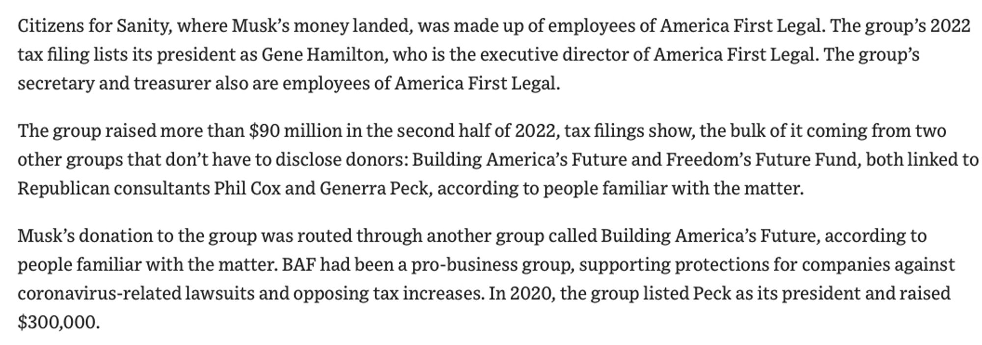 Screenshot of WSJ investigation into the convoluted shell organizations Elon Musk used to hide his tens of millions of dollars of donations to GOP causes and candidates.