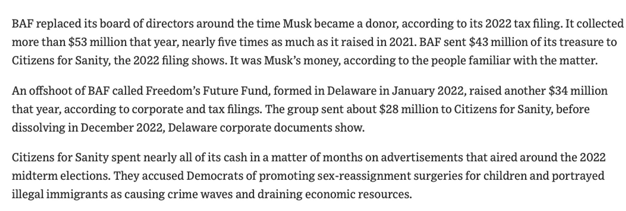 Second screenshot of WSJ investigation into the convoluted shell organizations Elon Musk used to hide his tens of millions of dollars of donations to GOP causes and candidates.