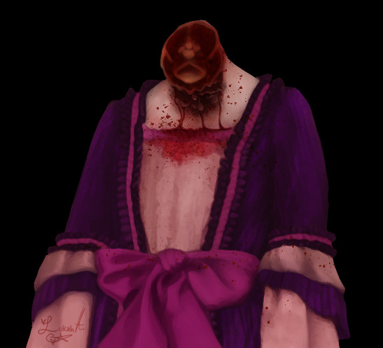 A fairly realistic style painting of a headless body with a bloody and detailed neck stump.