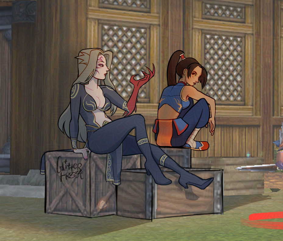 A faded screenshot with two ladies drawn over it to look like they're in the picture. They're sittin on top of wooden boxes, woman on the left with long, gray hair has her legs stretched out and is sitting somewhat elegantly with her red demon-hand raised in conversation, she's looking to the woman on the right, tan with a dark ponytail, squatting with her back turned, but looking behind her shoulder back at the other woman. 