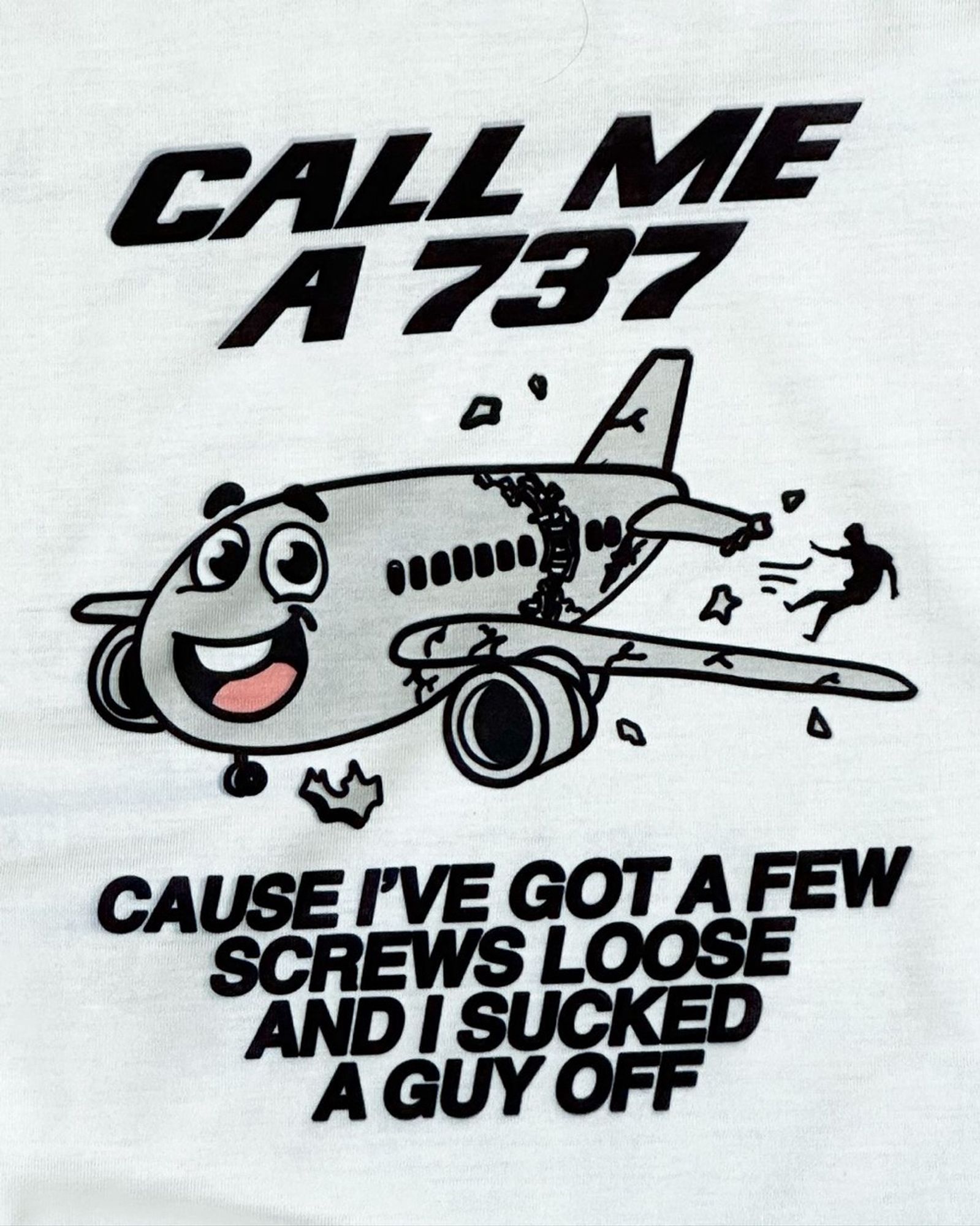 A smiling plane with cracks and a person flying out of a broken door saying “Call me a 737, cause I’ve got a few screws loose and I sucked a guy off”