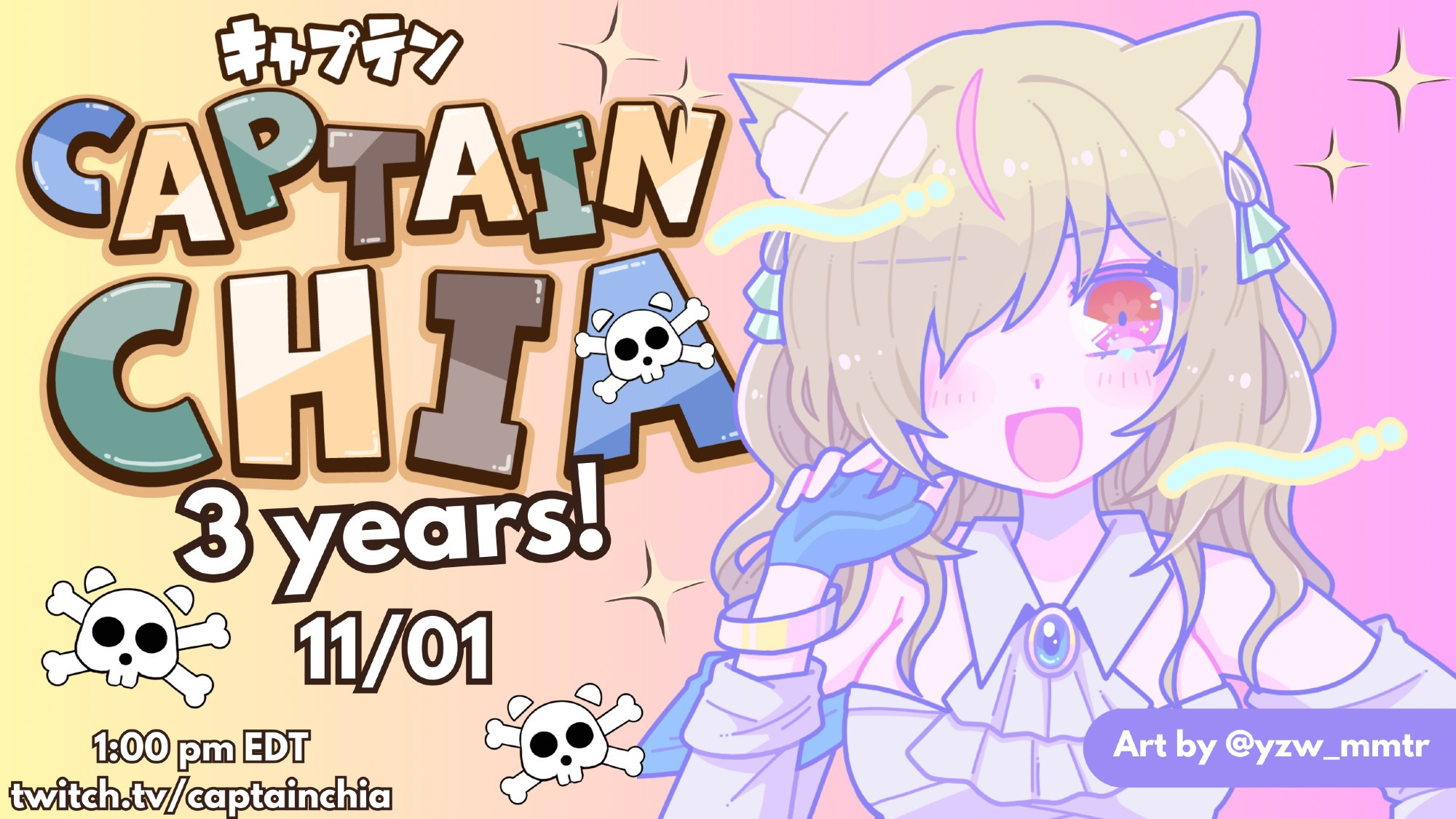 Captain Chia is having her 3-year anniversary as a VTuber and streamer on November 1st at 1:00 PM EDT