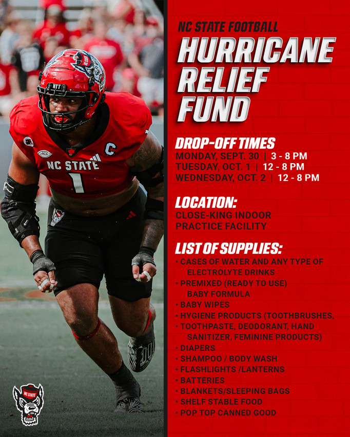 Flyer for collection of supplies organized by NC State football players:  cases of water, premixed baby formula, baby wipes, hygiene products, diapers, shampoo/body wash, flashlights, batteries, blankets/sleeping bags, shelf-stable food, pop top canned goods no