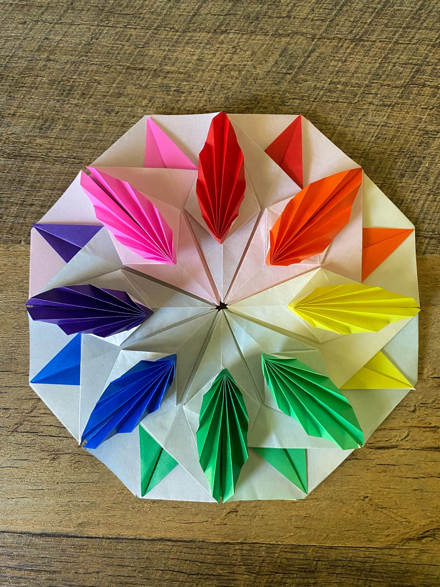 Eight-piece modular mandala in rainbow colors.