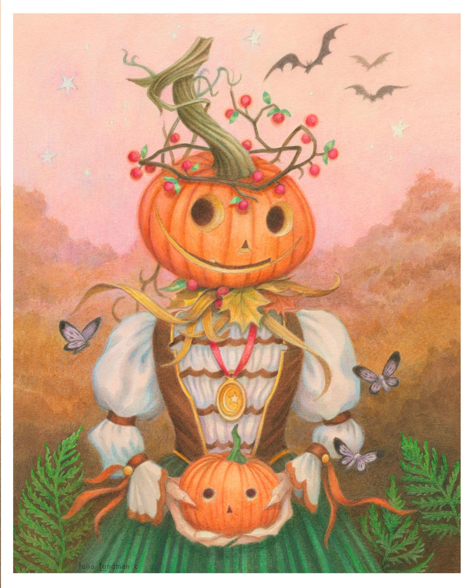 The pumpkin Queen holding a small pumpkin head, wearing a Germanic style dress against a fall background.