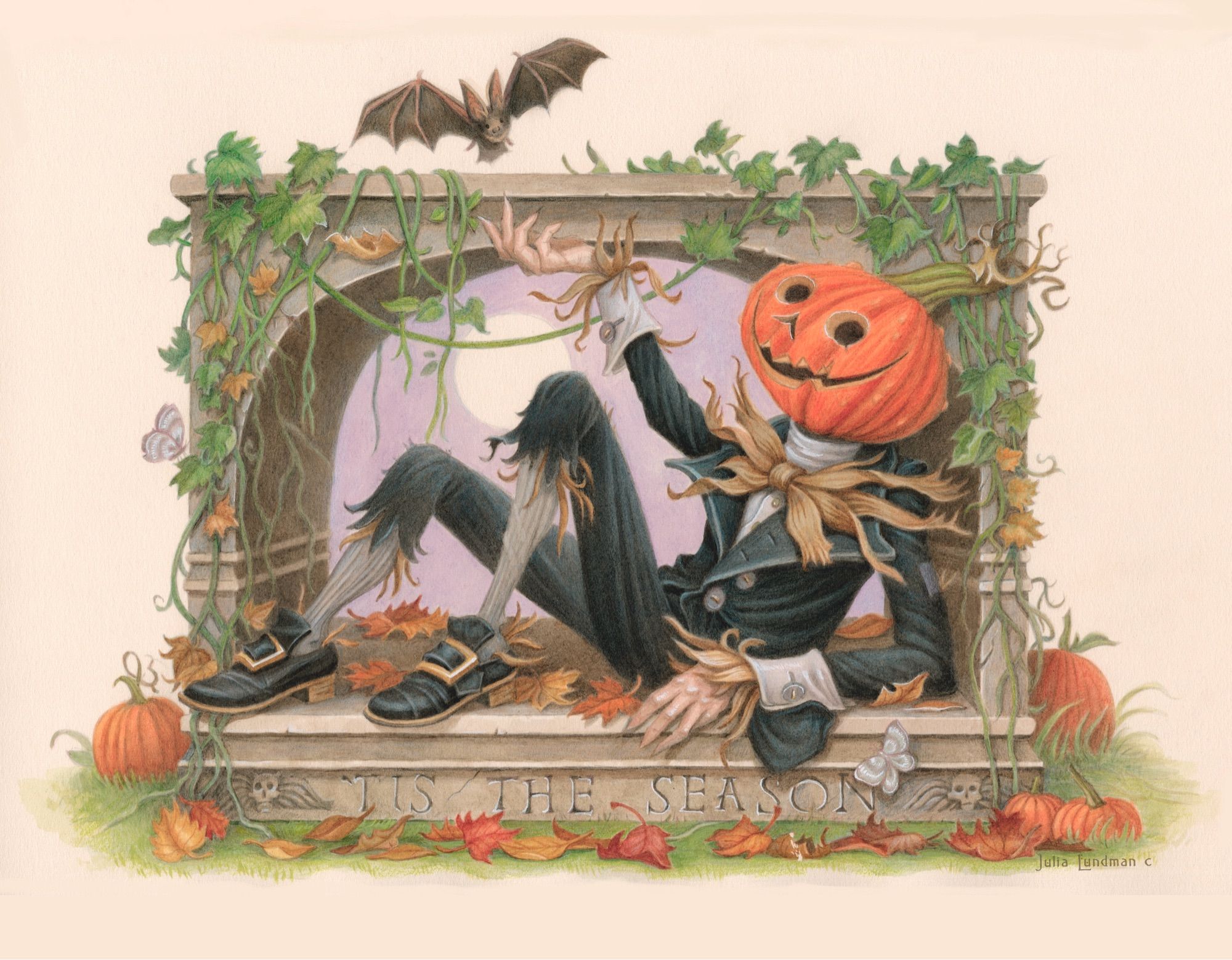 The pumpkin king dressed in 17th century American colonial dress, sitting in a tomb like structure that says “‘‘tis the season”. A bat hovers overhead.