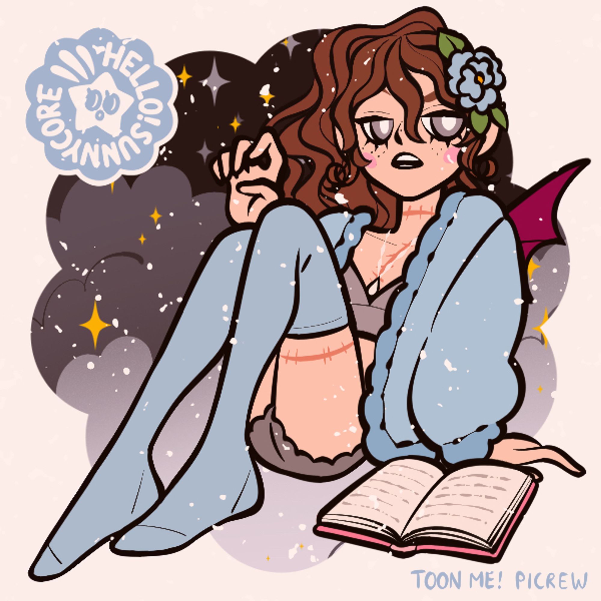 A picrew image of the poster in fluffy blue and grey clothes, with a dark, cloudy background. A blue flower sits in their hair and they look unamused. A book sits in the foreground. 