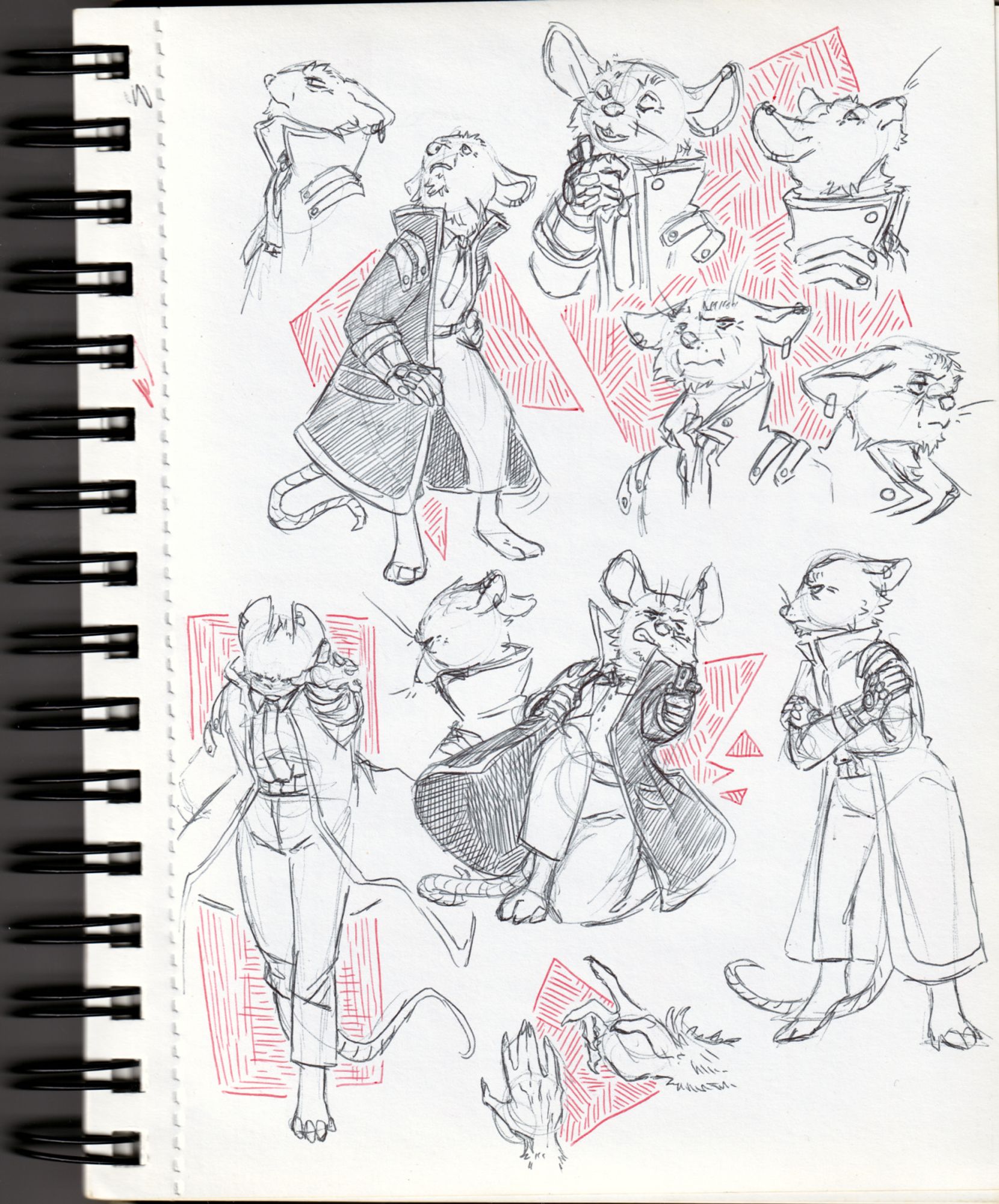 A sketchbook page filled with black ink sketches of an old anthropomorphic mouse-like character, Blanc Ca, in various poses and expressions. The character has a sleek, tailored outfit, with a long coat and a high collar, and is often seen adjusting or interacting with it. Top left: Blanc is depicted in profile, with a serious expression, showing the high collar of his coat. Top right: Several headshots of Blanc Ca in different angles and expressions, including thoughtful, smirking, and neutral poses. Middle: A full-body sketch of Blanc Ca in a standing pose, walking forward menacingly with one hand raised towards the camera. There is also a pose showing him crouching and holding a revolver (most likely in the middle of a shootout, and another sketch of Blanc looking to the side. Bottom right: A couple of small, detailed hand studies and a small sketch of Blanc Ca unamusedly crossing his arms, showing his full coat and terrible old man posture. The background is filled with red triangular hatch patterns.