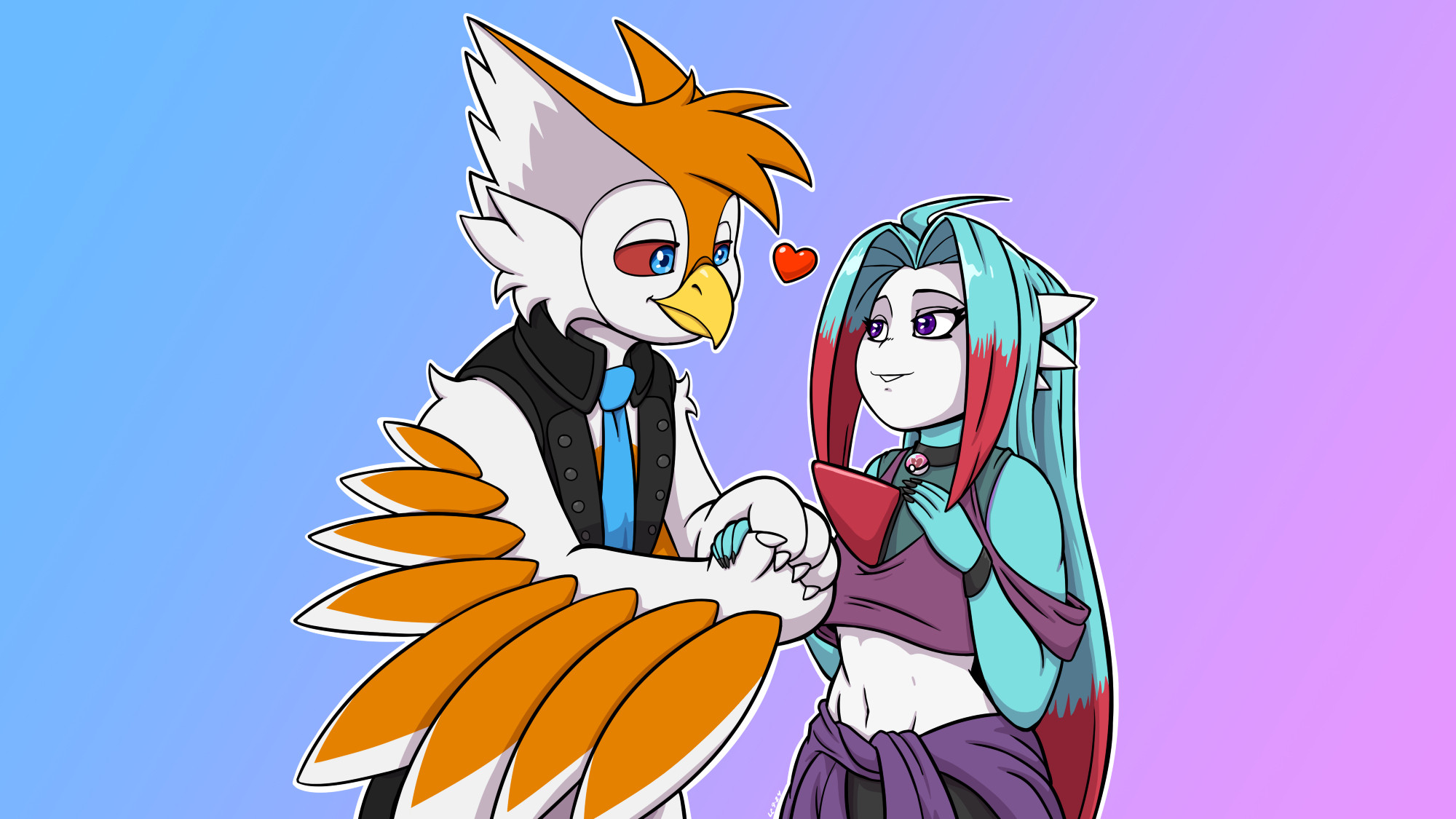 Almanack (anthro owl guy) and Aren (femboy Gardevoir) being cute together