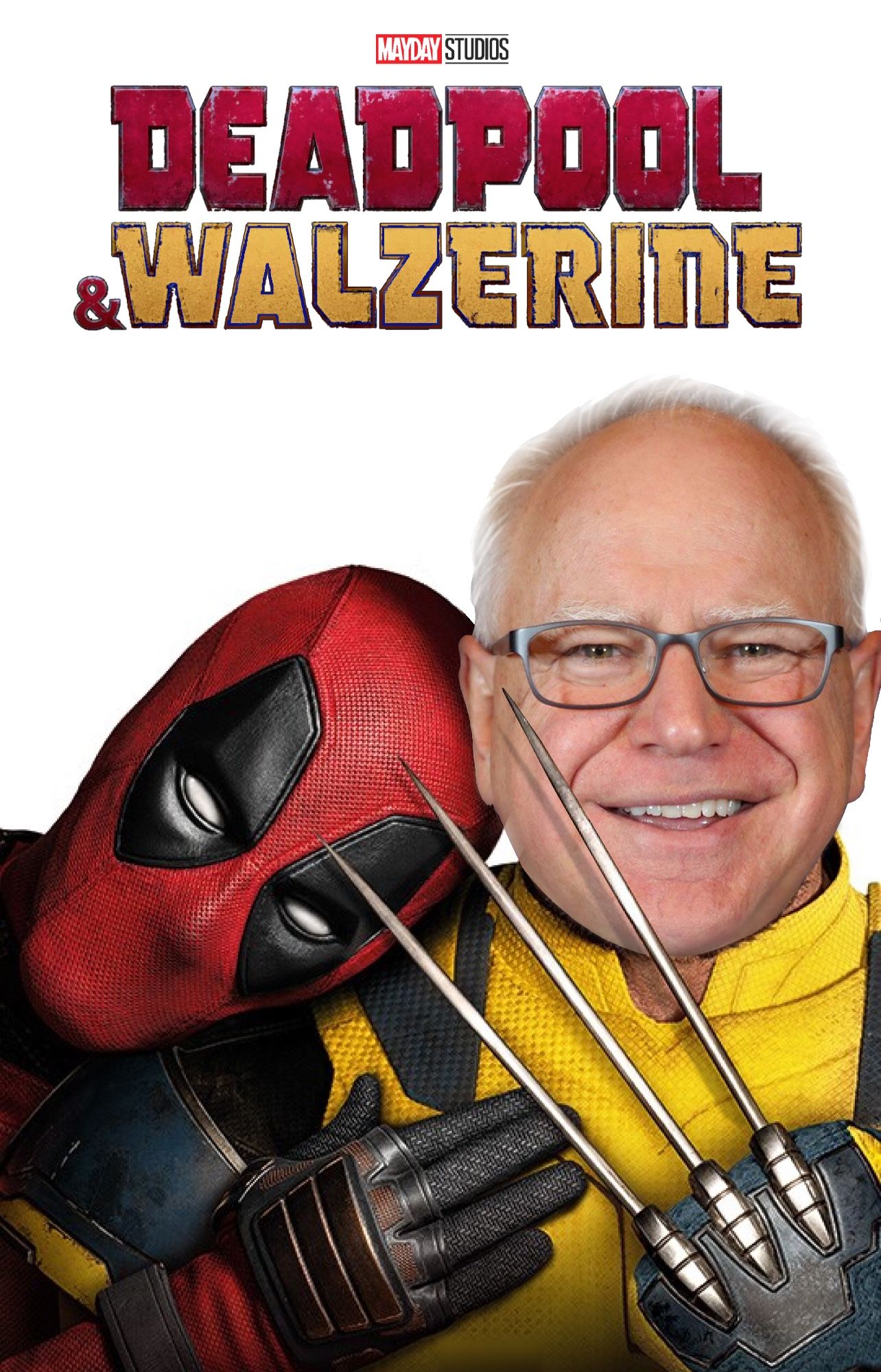 Deadpool & Wolverine poster with Wolverine’s face replaced with smiling Tim Walz, and the logo now reading “Deadpool & Walzerine”