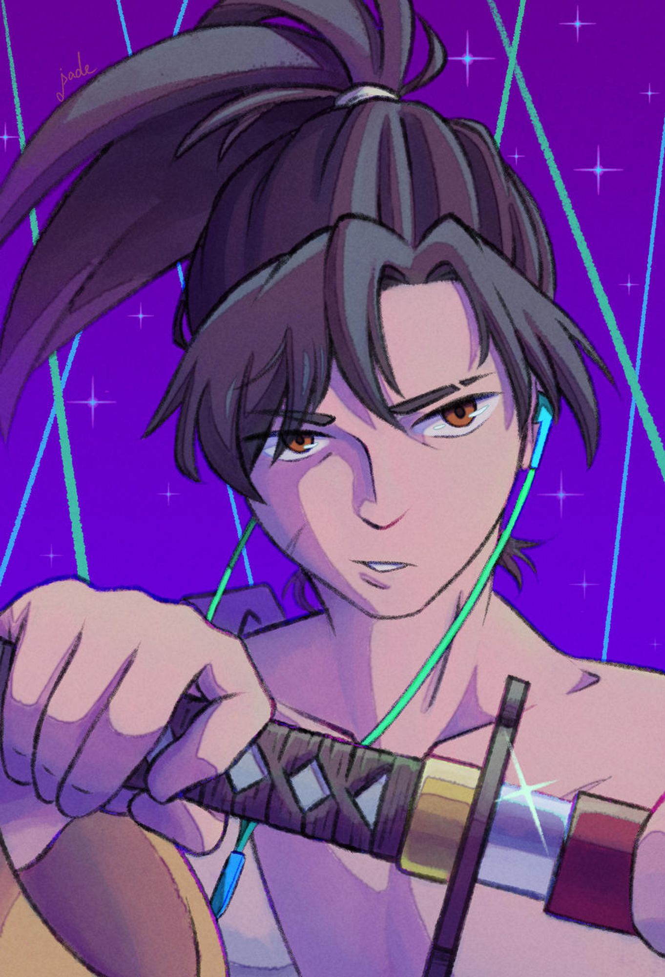 A portrait of Zero, from Katana Zero. He's a young man with brown eyes, his black hair is combed into a high-ponytail, except his long bangs, he has a scar on his right cheek while his left eyebrow has a small gap.

Zero looks at the viewer, in a mix of focus and annoyance while unsheathing his katana, the blade shines giving a small highlight. The background is purple with green and cyan laser beams as a nod to Club Neon (on of the game stages.)