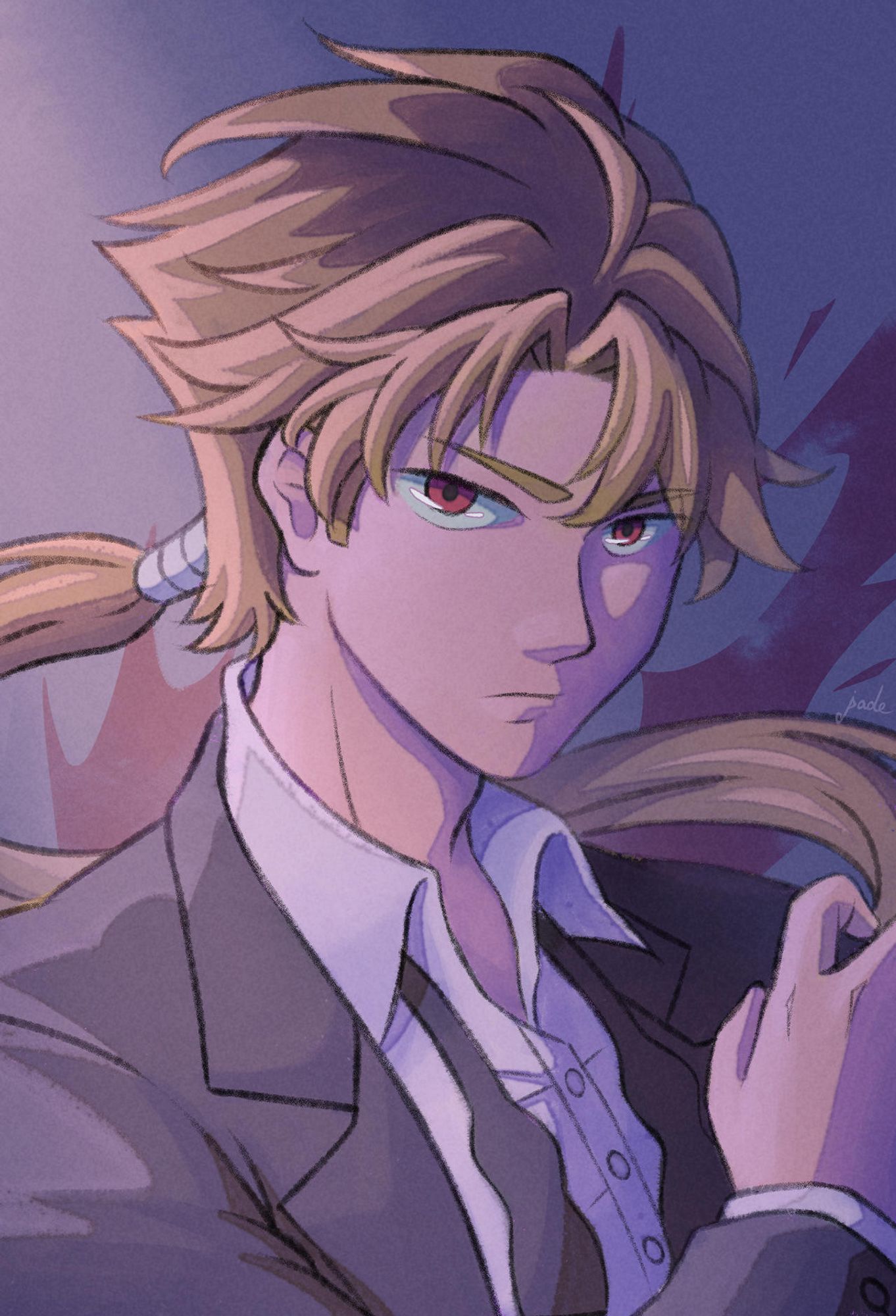 Yet another portrait of Fifteen, from Katana Zero. He's a blond swordsman who wears a black suit with an untied bow-tie and a low ponytail.
He looks at the viewer with a serious look on his face. His right hand raised, ready to unsheath his katana. The setting is a bit dark, with a light source coming from the upper left corner. Behind the man that are some blood splatters (as a reference to his stage in the game.)