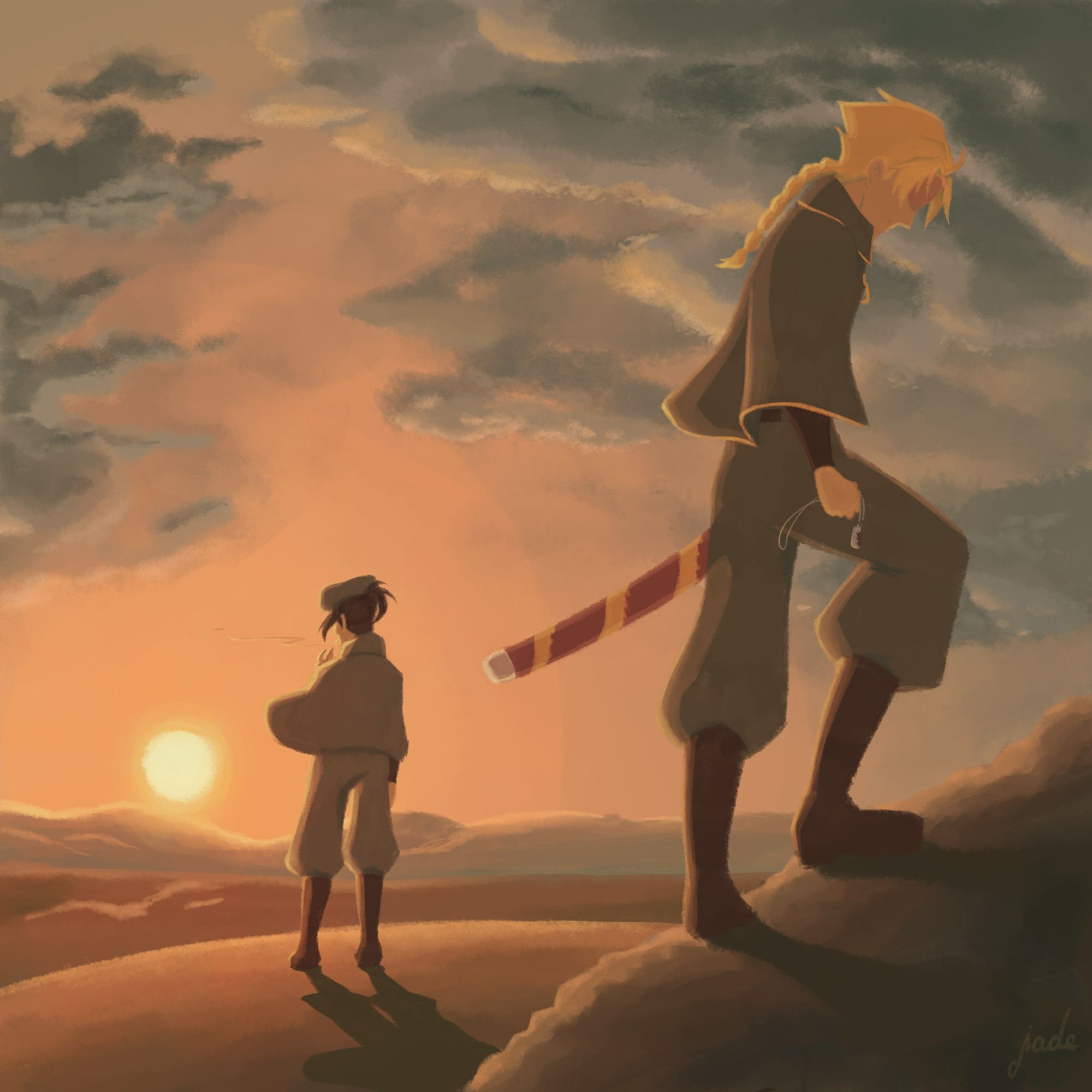 An illustration of Zero and Fifteen (Katana Zero) in their soldier days. They're on a mountain, the sun is setting, but it's still cloudy.

Zero's at a distance, looking at the view, a cigarette in his mouth. Fifteen is bit closer, looking down, holding his katana in one hand and a bloodied tag in the other, maybe from a comrade.