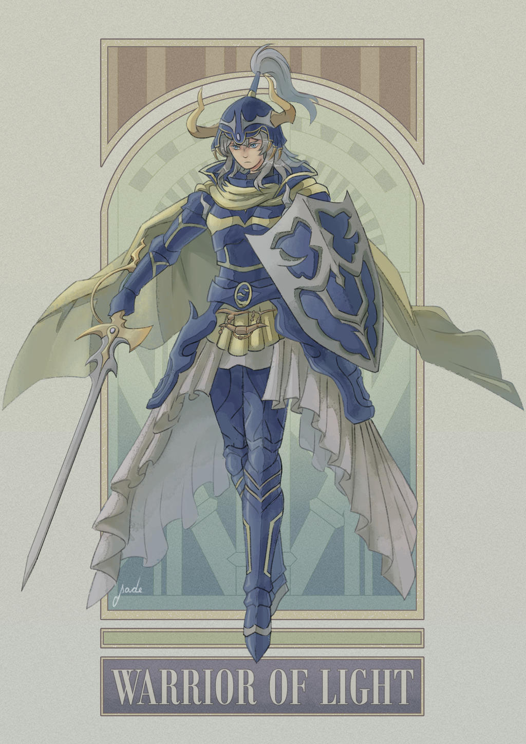 An illustration of the Warrior of Light (from the Final Fantasy series, specifically from 14.) He's a young man with silver hair, dressed in ornate blue armor with golden accents. His armor includes a helmet with golden horns and a blue plume, a large shield adorned with silver details and a long, flowing cape with a pale yellow hue. The character holds a sword with a unique, intricate design.

The background is inspired by Alphonse Mucha posters, featuring and geometric patterns in soft green and beige tones. The entire composition is framed, creating a formal and elegant presentation.