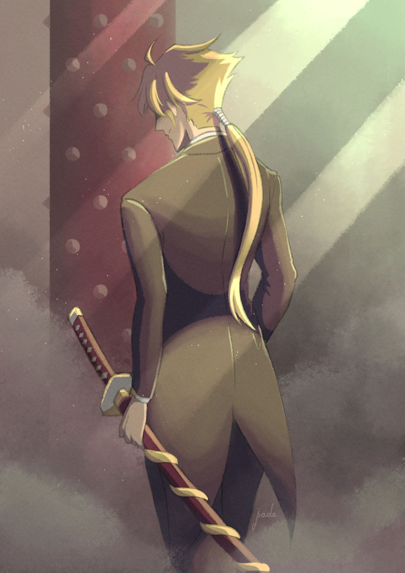 A drawing of Fifteen (from Katana Zero), a tall blond man, known for his long ponytail, black suit and his iconic katana decorated with a dragon ornament.
Fifteen has his back turned to the viewer. He's looking down, it's impossible to tell his expression due to his long bangs covering his eyes. His sheathed katana can be seen in his left hand. Some light rays shine on his back, making his hair glow.