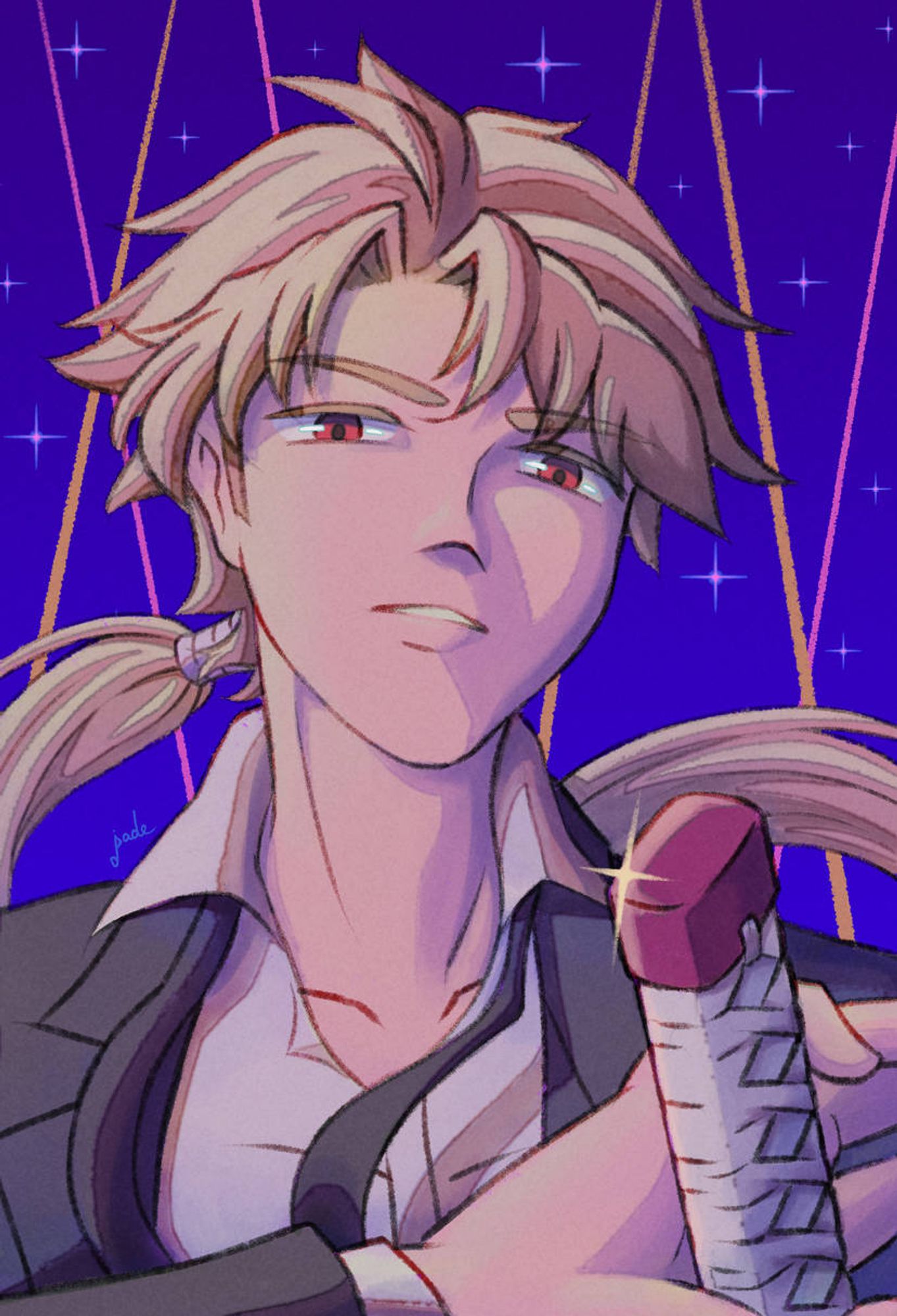 A portrait of Fifteen, from Katana Zero. He's a slender blond-haired man known for his black suit and long ponytail.

Fifteen looks down at the viewer with a look of suspicion. His right hand hovers over his katana ready to unsheath it, its handle shines giving a small hightlight. In the blue background there are orange and pink laser beams (similar to Zero's portrait.)