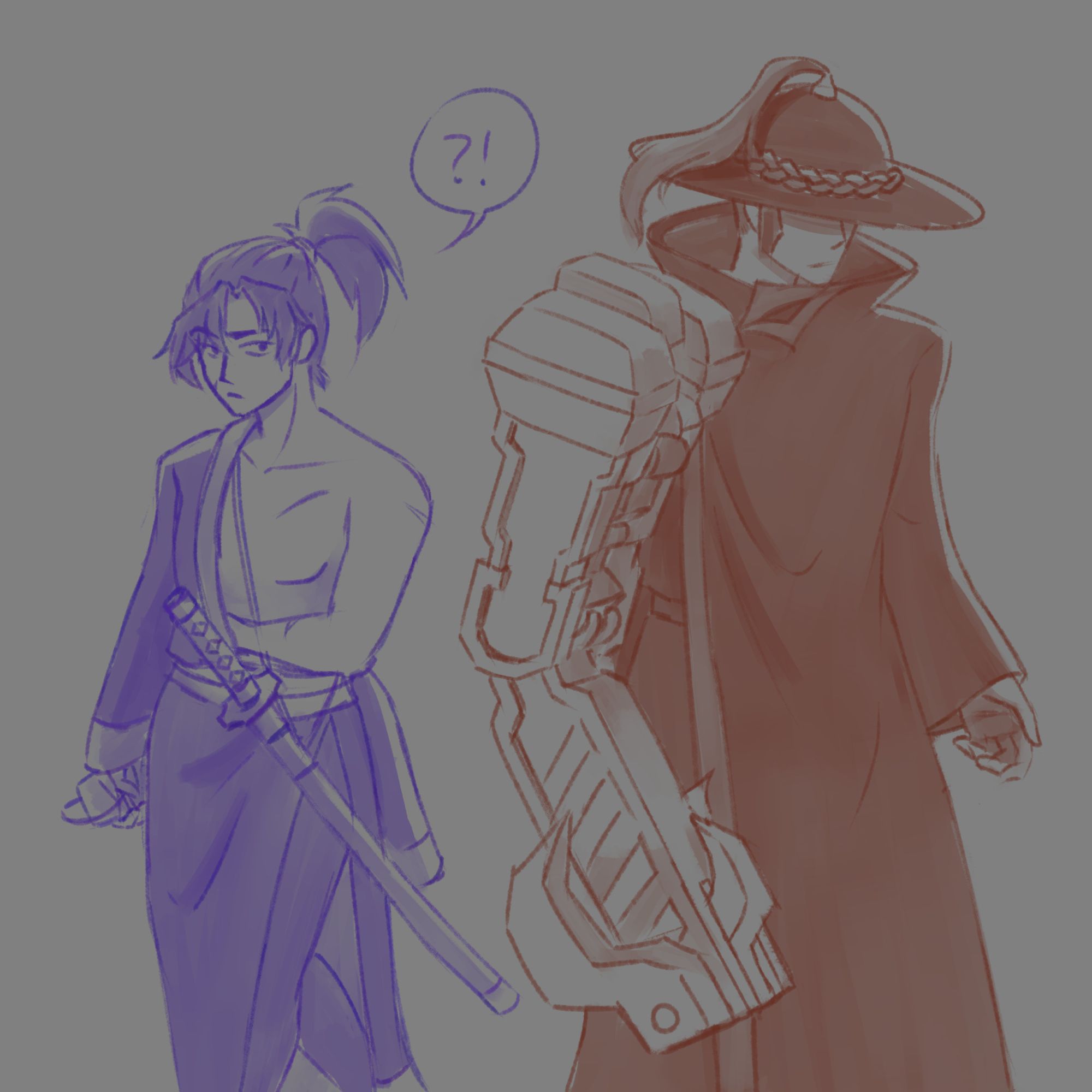 A small doodle of Zero, from Katana Zero, and the nameless General from Sanabi.

Zero is a young man who wears a black kimono (or is it a bathrobe?) with his left arm sticking. His hair is combed into a ponytail, he has various scars and carries a katana.

General is a taller man who wears black robes and a big hat, he also has a giant mechanical arm, usual for veteran soldiers as him.

They're passing by each other, Zero stares at the man with a confused look, he other doesn't mind and keeps walking.