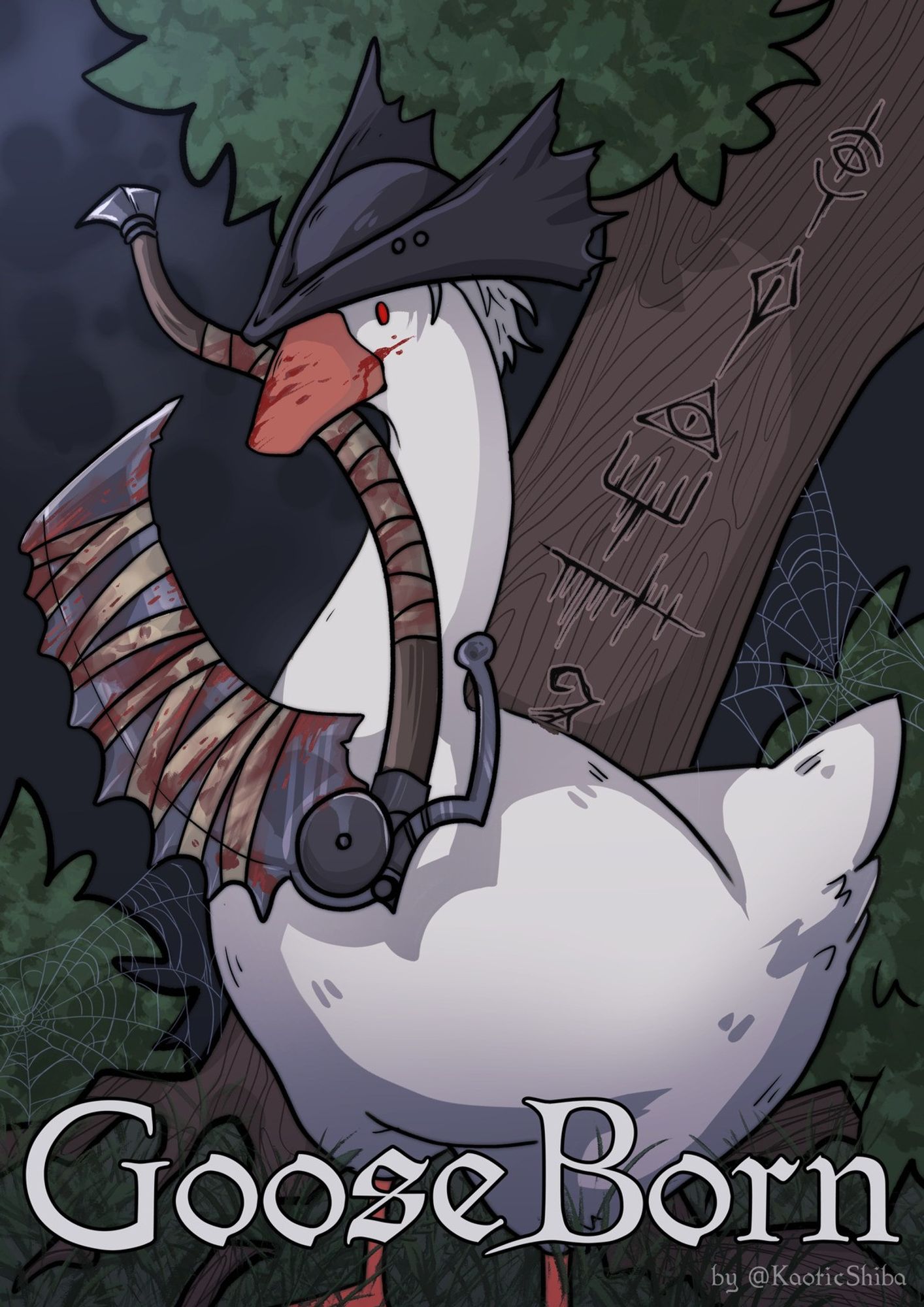 It is a goose from the goosegame as the hunter from the game Bloodborne  holding a spiky weapon. The goose is covered in blood while holding the weapon in the beak, while standing in a dark forest. At the bottom of the canvas it says GooseBorn by @KaoticShiba