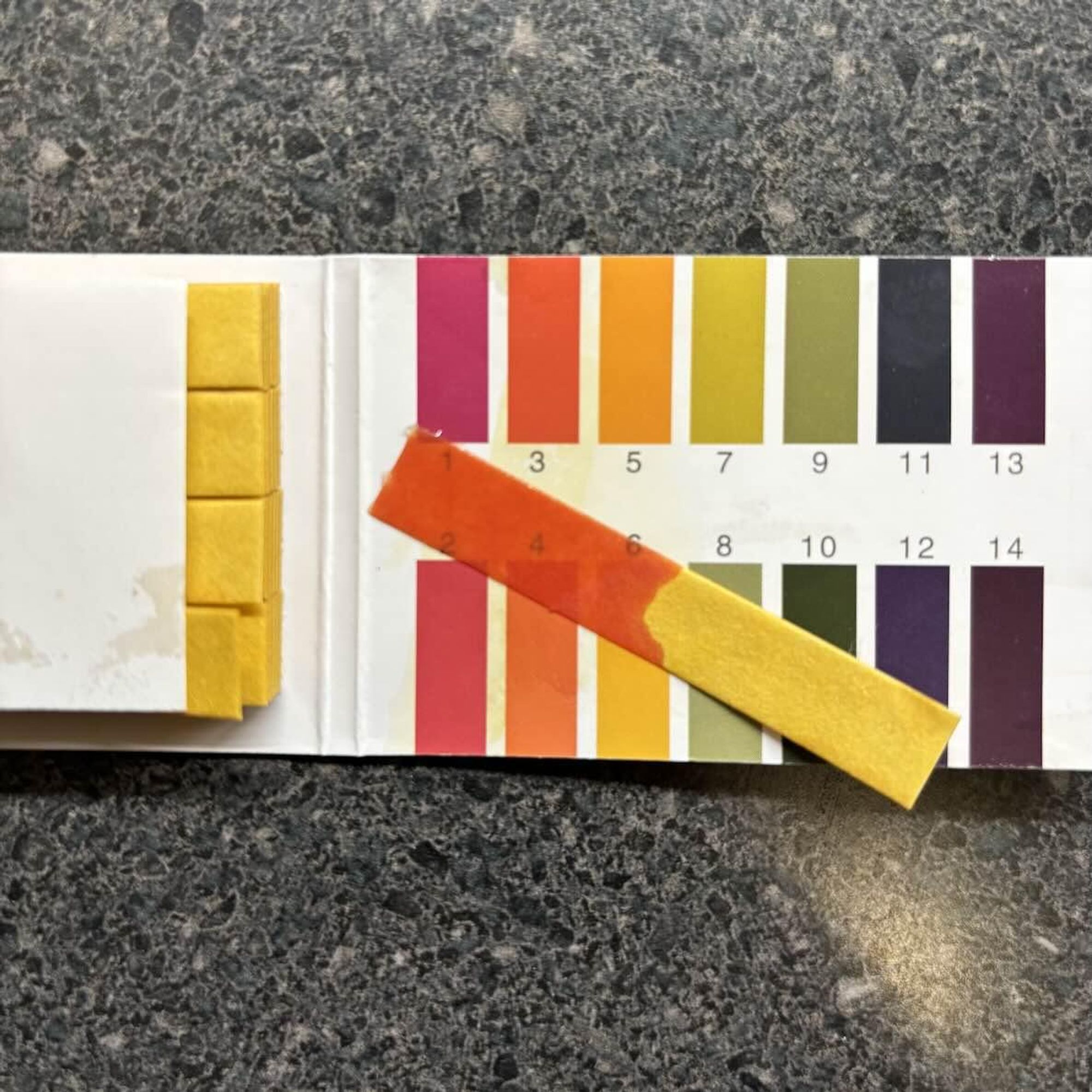 A pH strip, atop a guide to pH strip colors. It shows a rainbow of colors, and the wet strip displays an orange color that’s closest to 3 on the chart.