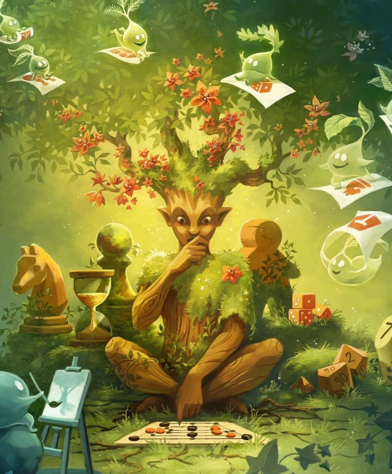 Arbre à forme humanoïde jouant sur un plateau de jeux. Derrière lui des éléments représentant le jeu : pièces d'échecs, sablier, meeple, dés. Un esprit végétal dessine un tableau tandis que d'autres esprits survolent la scène.