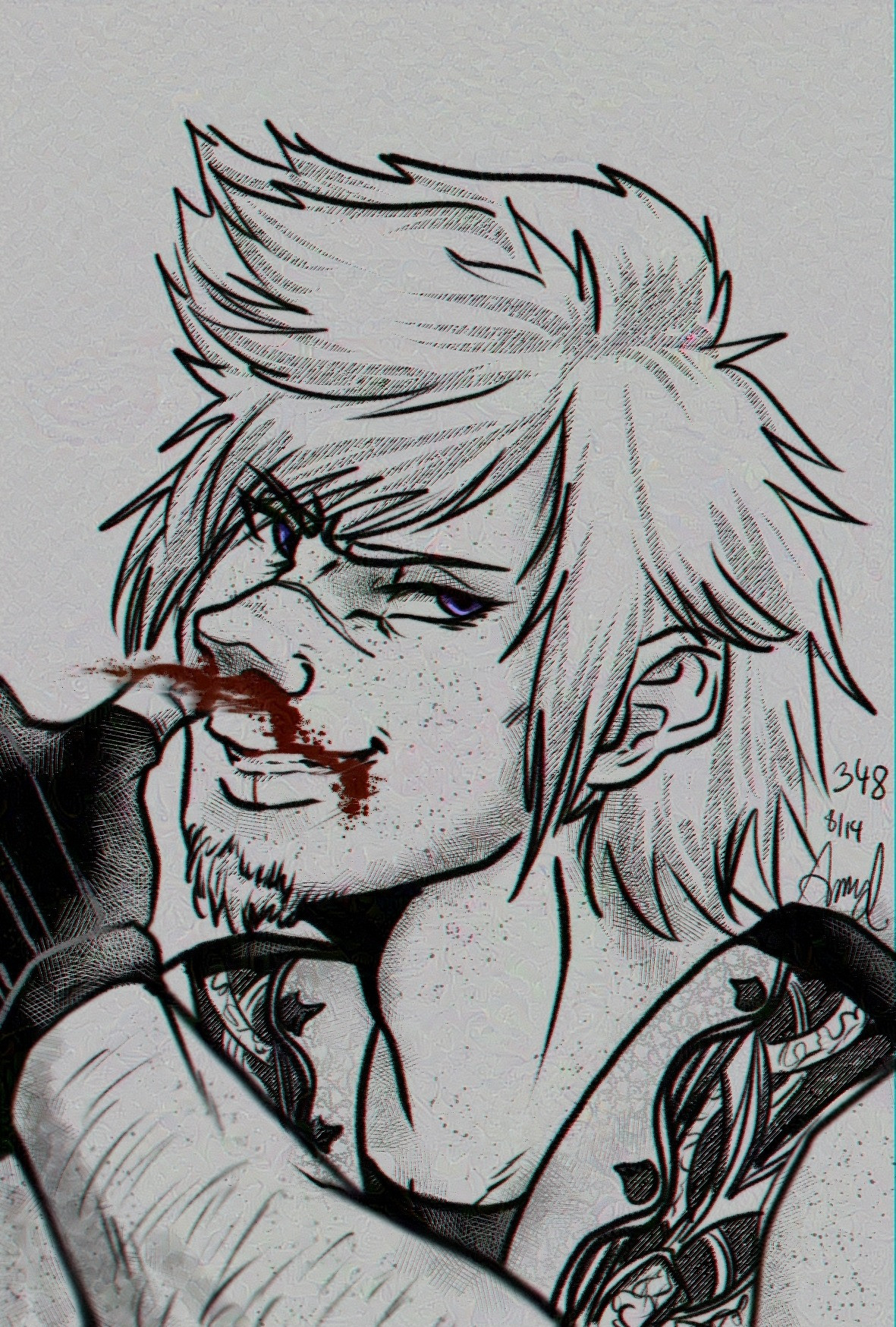 Black and white digital art, a pop of color for Prompto's eyes and blood. 30 y/o Prompto grins fiendishly as he swipes blood from his nose. 