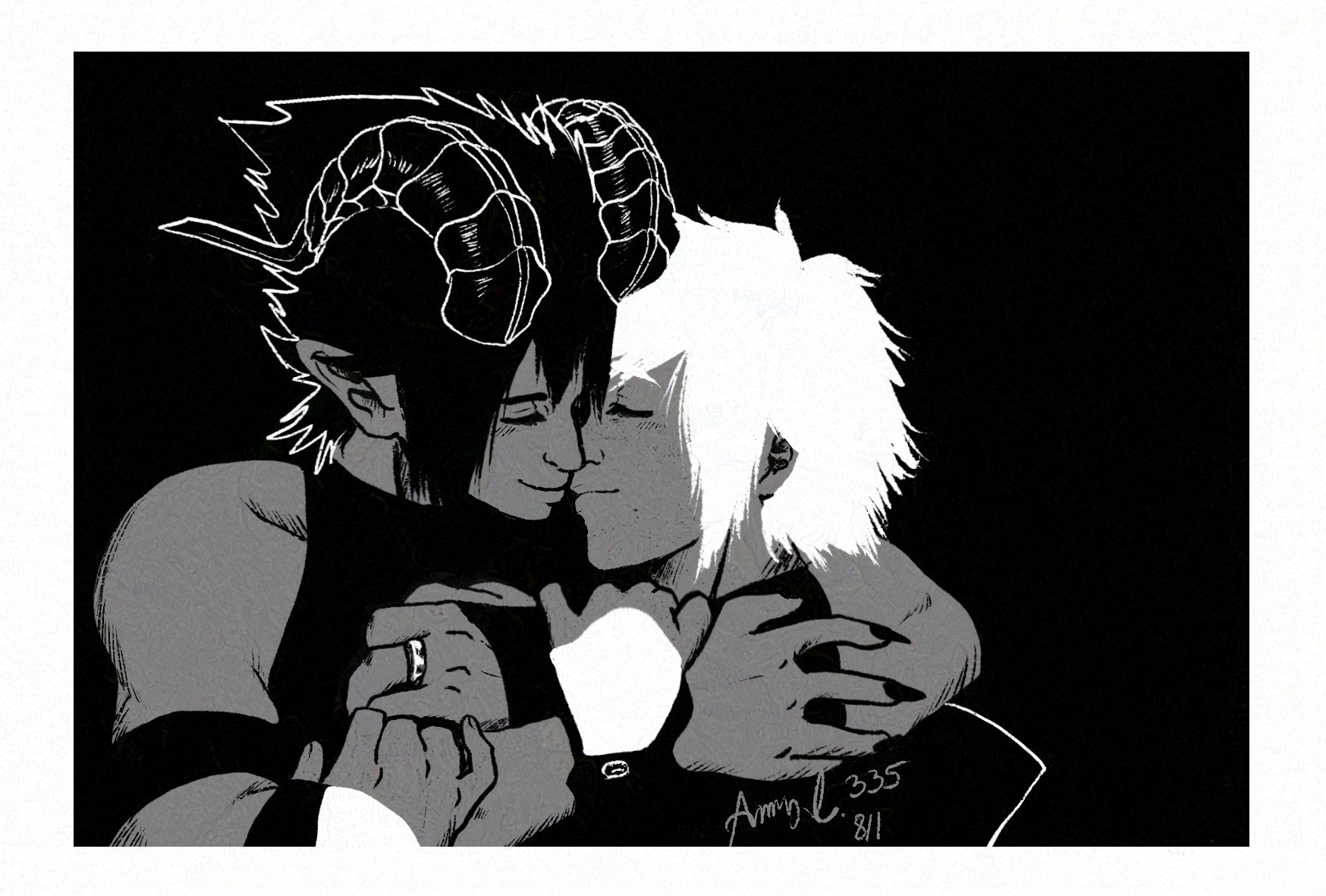 Black and white digital art. Daemon Noctis hugs Hyur summoner Prompto from behind. Their faces are close, intimate, not quite a kiss, but edging toward it. Noct's wedding ring glints on his clawed hand wrapped around Prompto's shoulder.