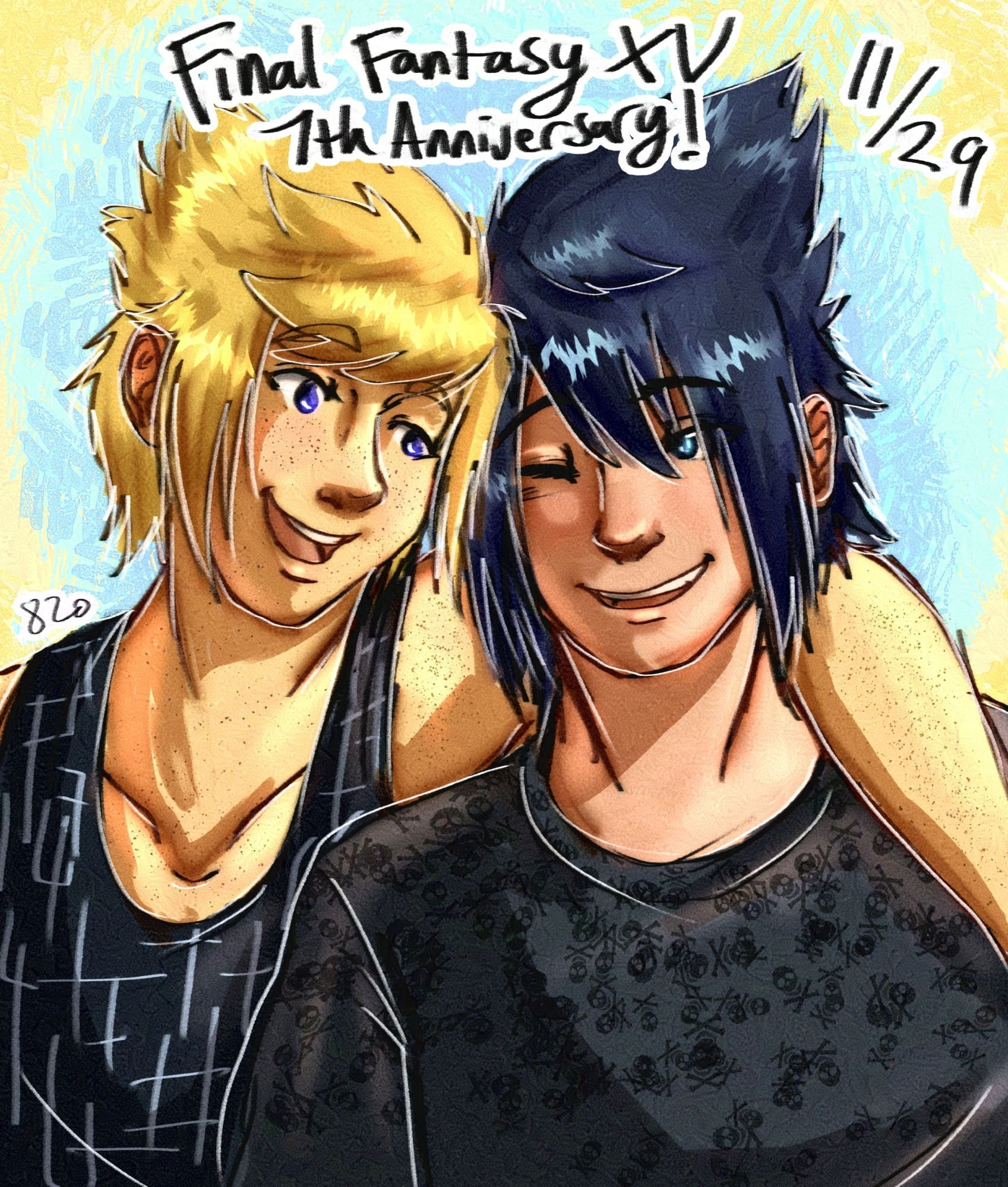 Prompto has an arm slung around Noctis as they both smile together under a banner that says Final Fantasy 7th Anniversary