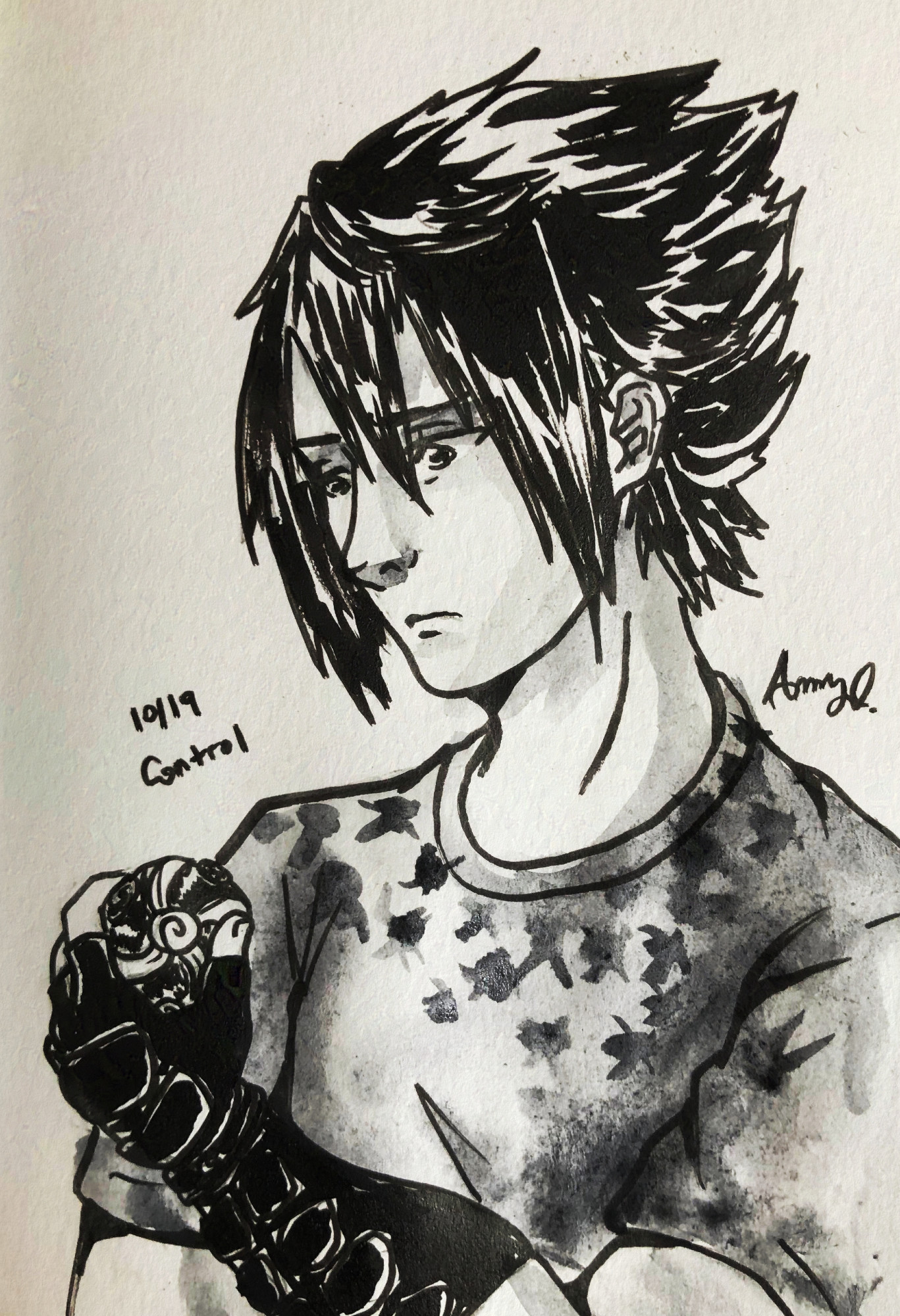 Ink on paper. Noctis holds a magic flask in his hand, staring at it with a stormy and contemplative expression. What is control and who truly has it?