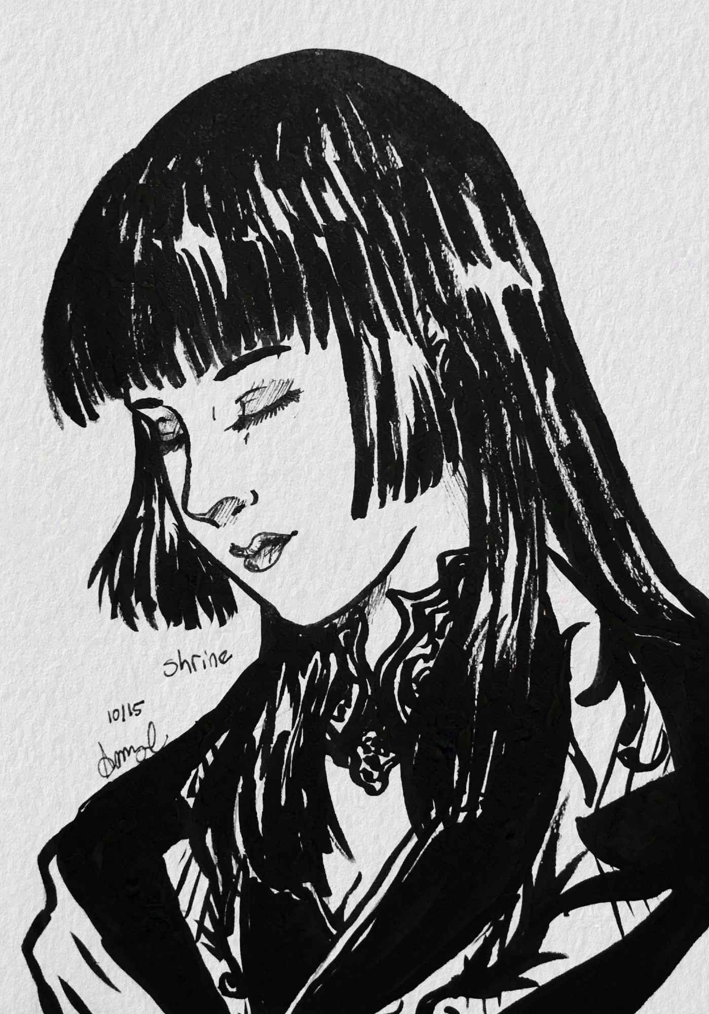 Ink on paper. Bust ink drawing of Gentiana, her eyes closed in silent prayer