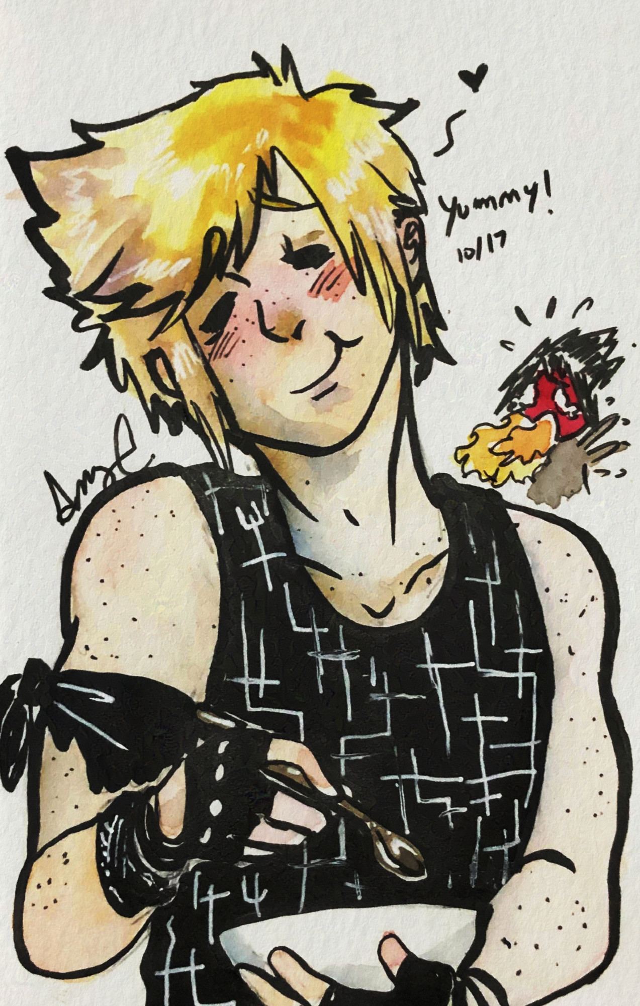 Ink and watercolor on paper. Prompto is savoring a mouthful of spicy curry while Noctis breathes fire in the background, suffering