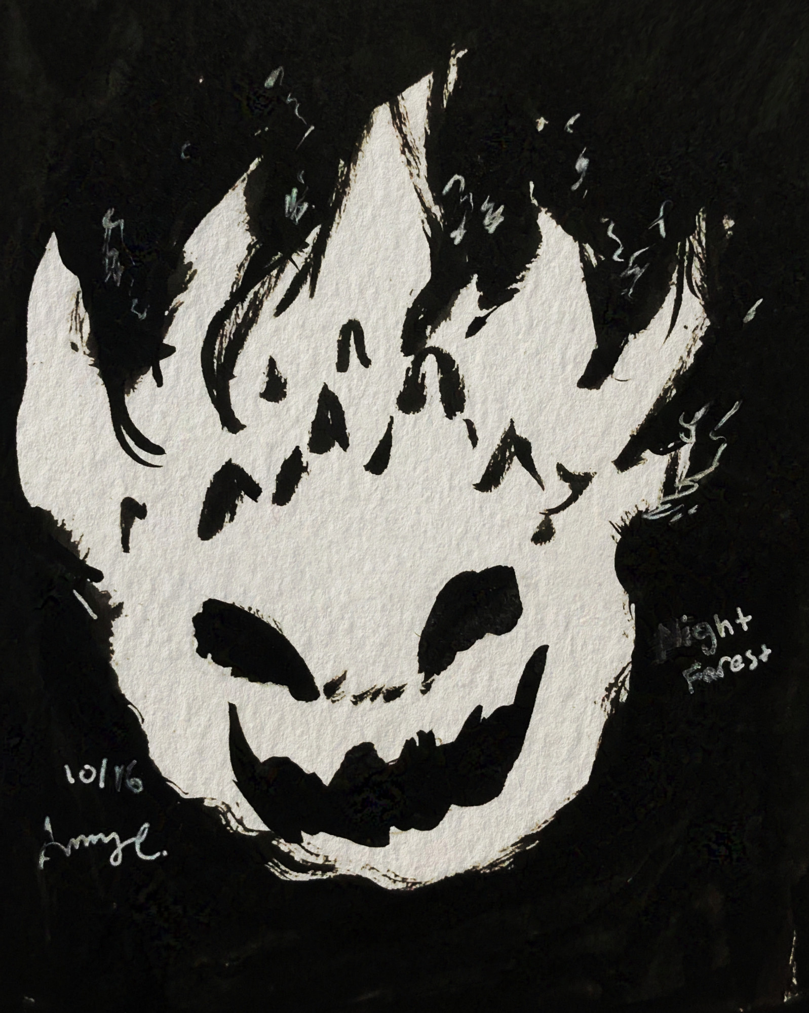 Ink on paper. Ink sketch of a Final Fantasy bomb monster burning in the pitch darkness