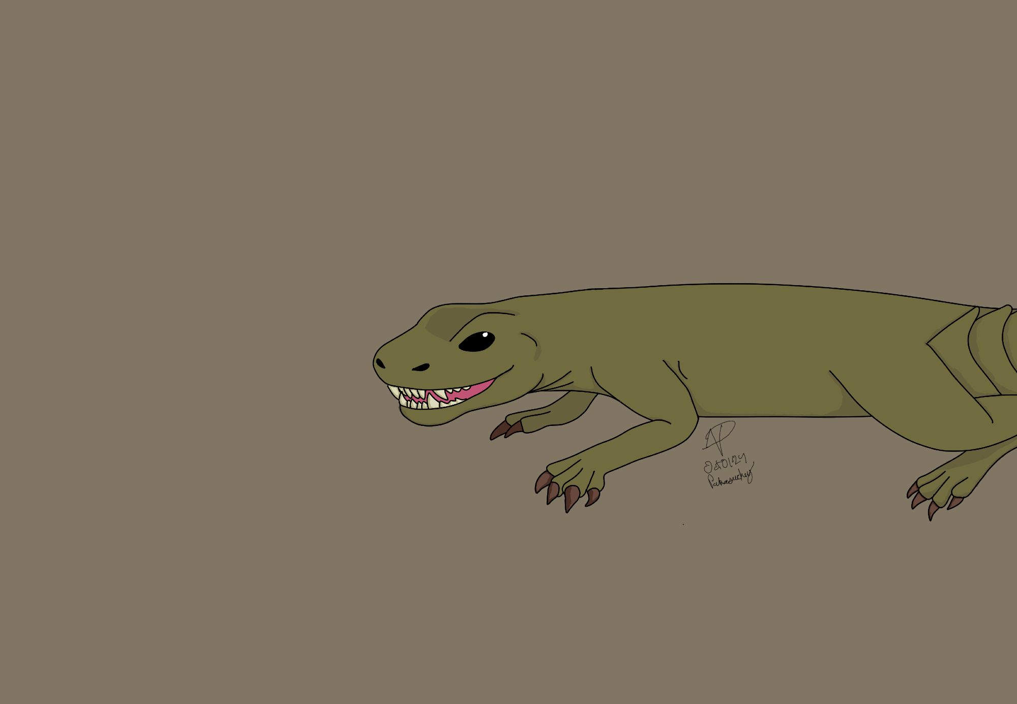 An olive green pakasuchus with brown claws smiles at the camera on a brown background.