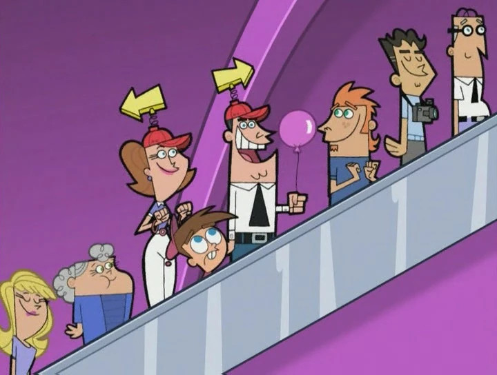 Scene from The Fairly Oddparents where Timmy Turner's dad declares "This IS the ride!" at Escalator land. A queue of people are on an escalator, from left to right they are: A blonde white woman with a lavender shirt. A short, old, white lady wearing a blue outfit. Timmy Turner's mom wearing a red cap with a yellow arrow attached by a spring pointing left. Timmy Turner himself. Timmy Turner's dad wearing the same cap as Timmy Turner's mom but the arrow is pointing to the right, and holding a pink balloon. A white read headed man with a goatee wearing a blue shirt. A racially ambiguous, probably white man with black hair and a light blue shirt wearing a camera around his neck, and an old white man that is balding wearing a white short sleeve dress shirt and black tie and glasses. Everyone but Timmy is smiling and enjoying themselves. Everyone but the red headed man is looking to the right of the screen. Timmy is glancing up at his dad in disappointment. 