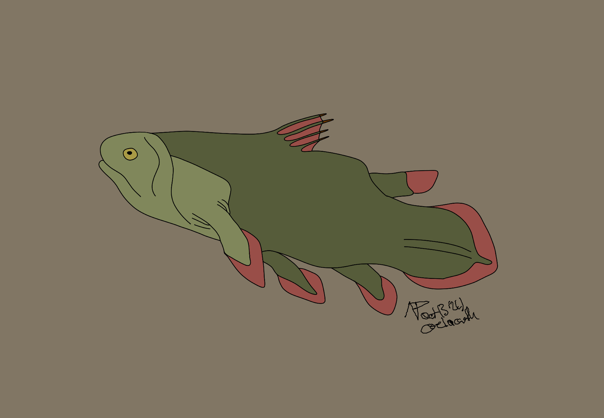 Dark green coelacanth with light green head, red fins, and a yellow eye on a brown background.