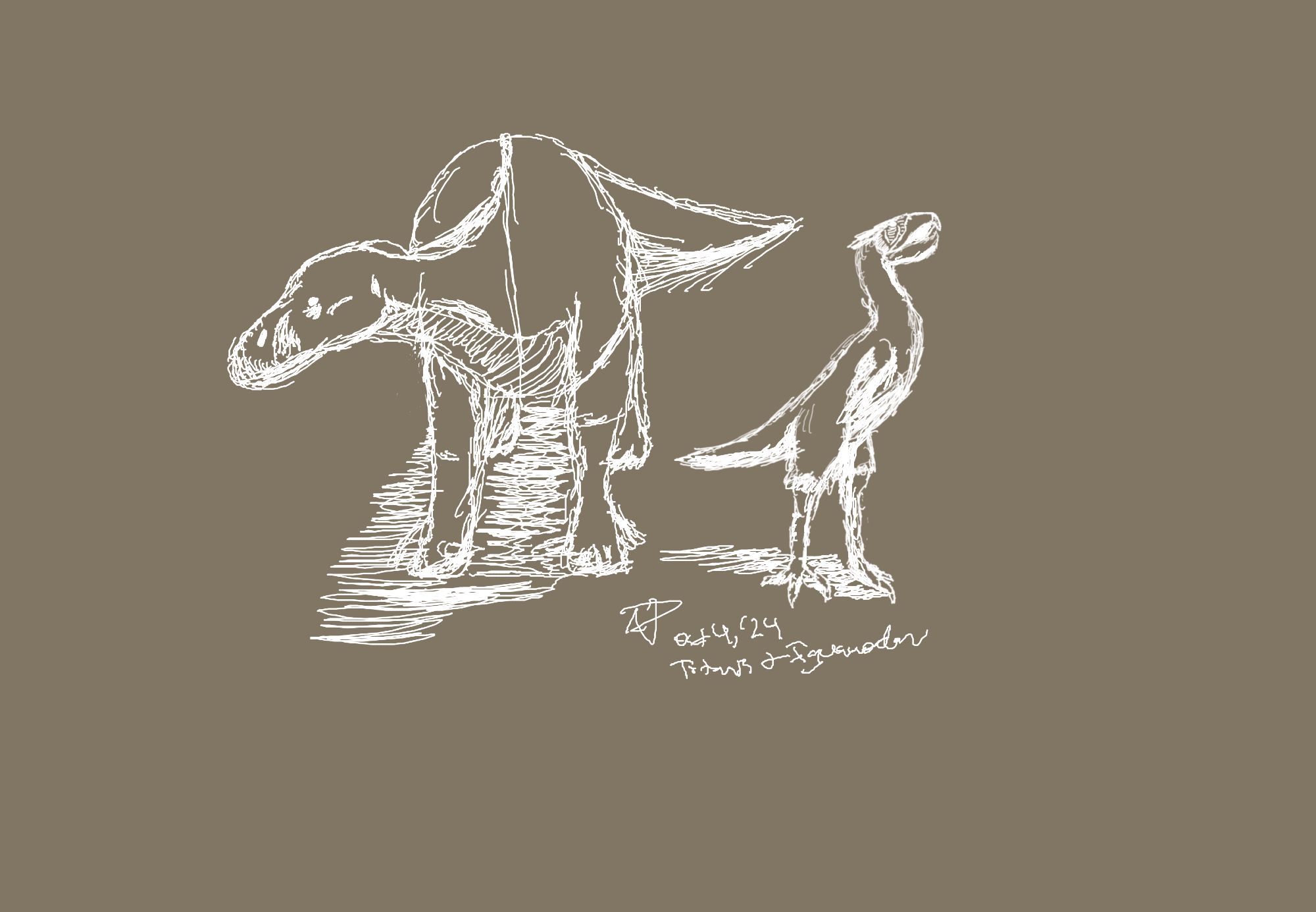 White rough sketch of an Iguanodon and Titanis on a brown background.