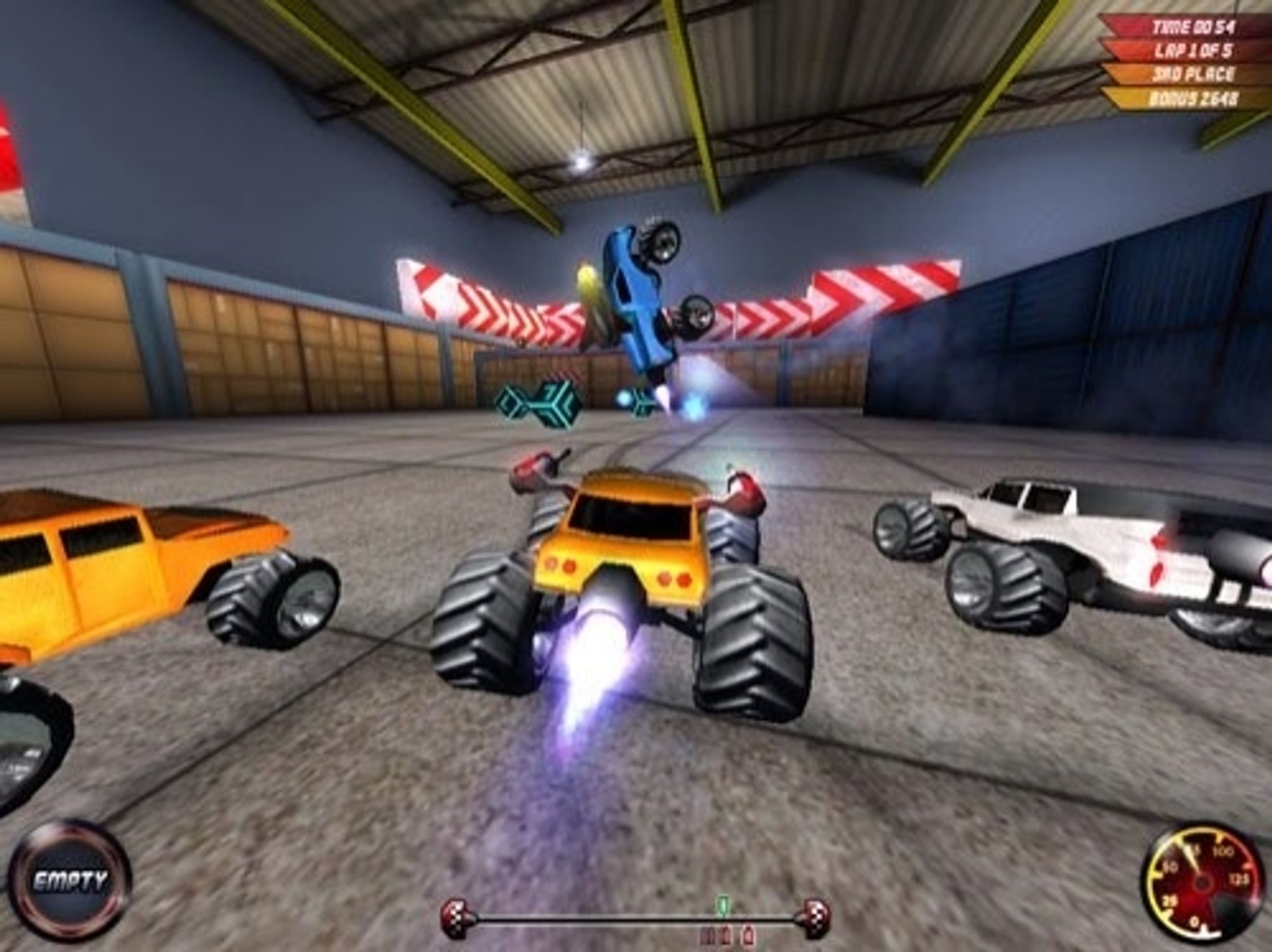 Screen grab of RC Laser Warrior from Cartoon Network's website from 2008. The picture features RC monster truck versions of various unlicensed vehicles. From left to right: An orange not-Hummer; a falling, tail first, pick up truck; an orange not-Corvette with a giant turbine exhaust sticking out the back, and side-mounted, forward facing laser cannons; and a white vaguely cadillac-esque hearse also with jutting turbine exhaust. There are black and blue  power-up cubes in the middle distance, and the track is lined with shipping crates and stacked boxes, and direction arrows.