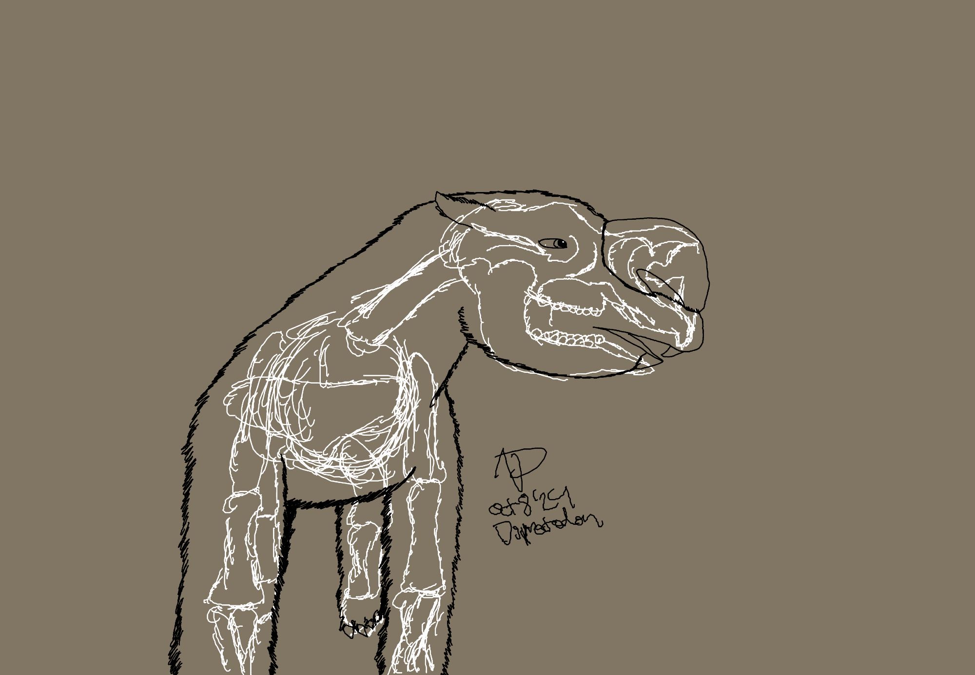 White rough sketch of diprotodon skeleton overlaid with black outline of living recreation of same animal on brown background.