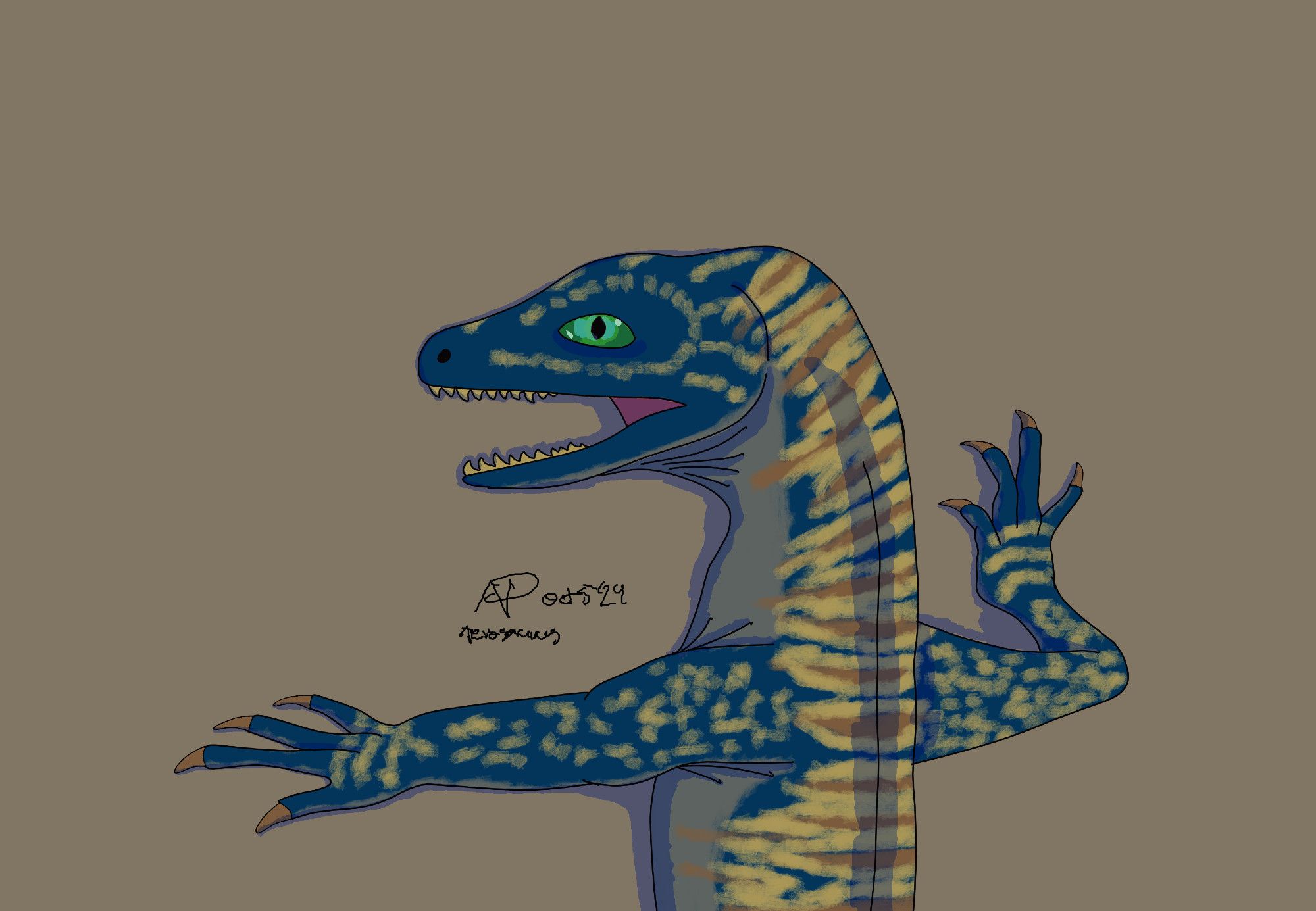 upper half of blue aerosaurus with yellow and brown stripes, gray belly, and yellow dots on the face and arms. Its laying on a brown background.