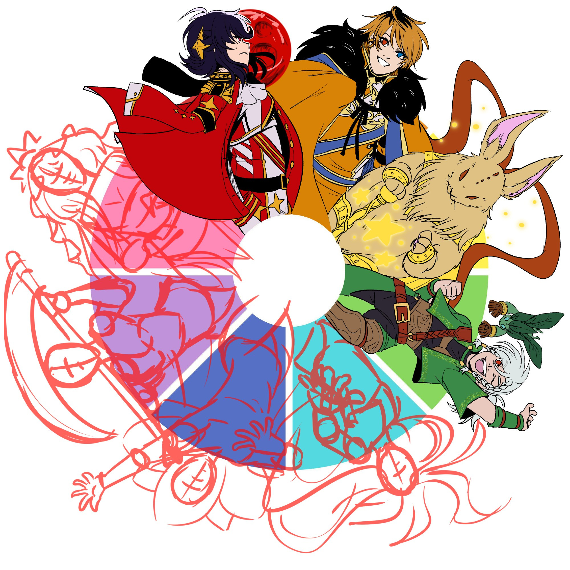 An incomplete colour wheel art challenge. Red is Aristella as he looks to the crimson moon, his red eye showing and red coat flowing in the wind. Orange is Grimmia, their orange cape, tunic, and hair made prominent against the black and blue of their outfit. Yellow is Atom, a light brown rabbit with gold bracers on his wrists and legs, as well as a large gold necklace and staff. Green is Gill, an excited adventurer with a green jacket and pants, contrasted by the brown belts and black one piece. Teal, blue, purple, and pink remain only as sketches for now.