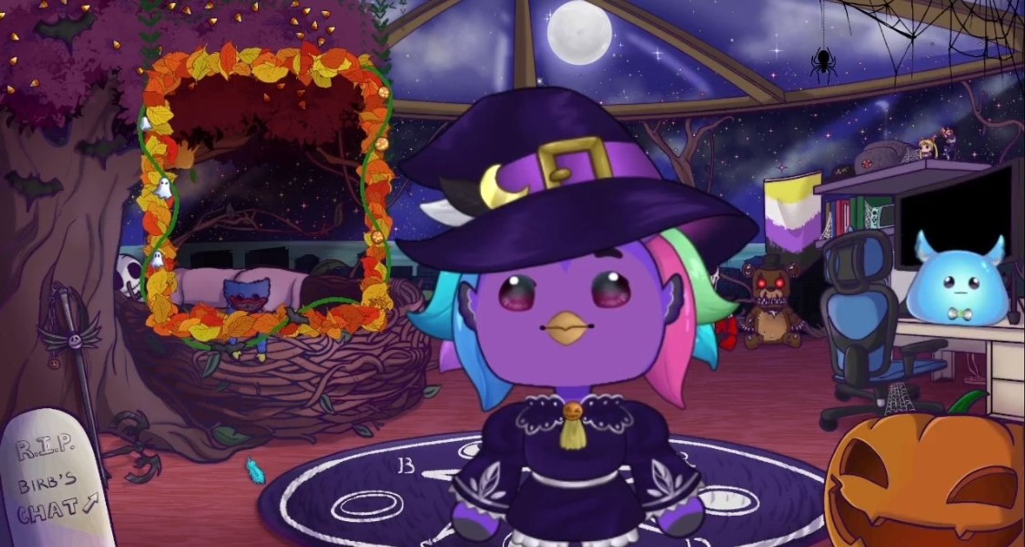 Purple bird in front of a room decorated with Halloween items, wearing a witch's outfit