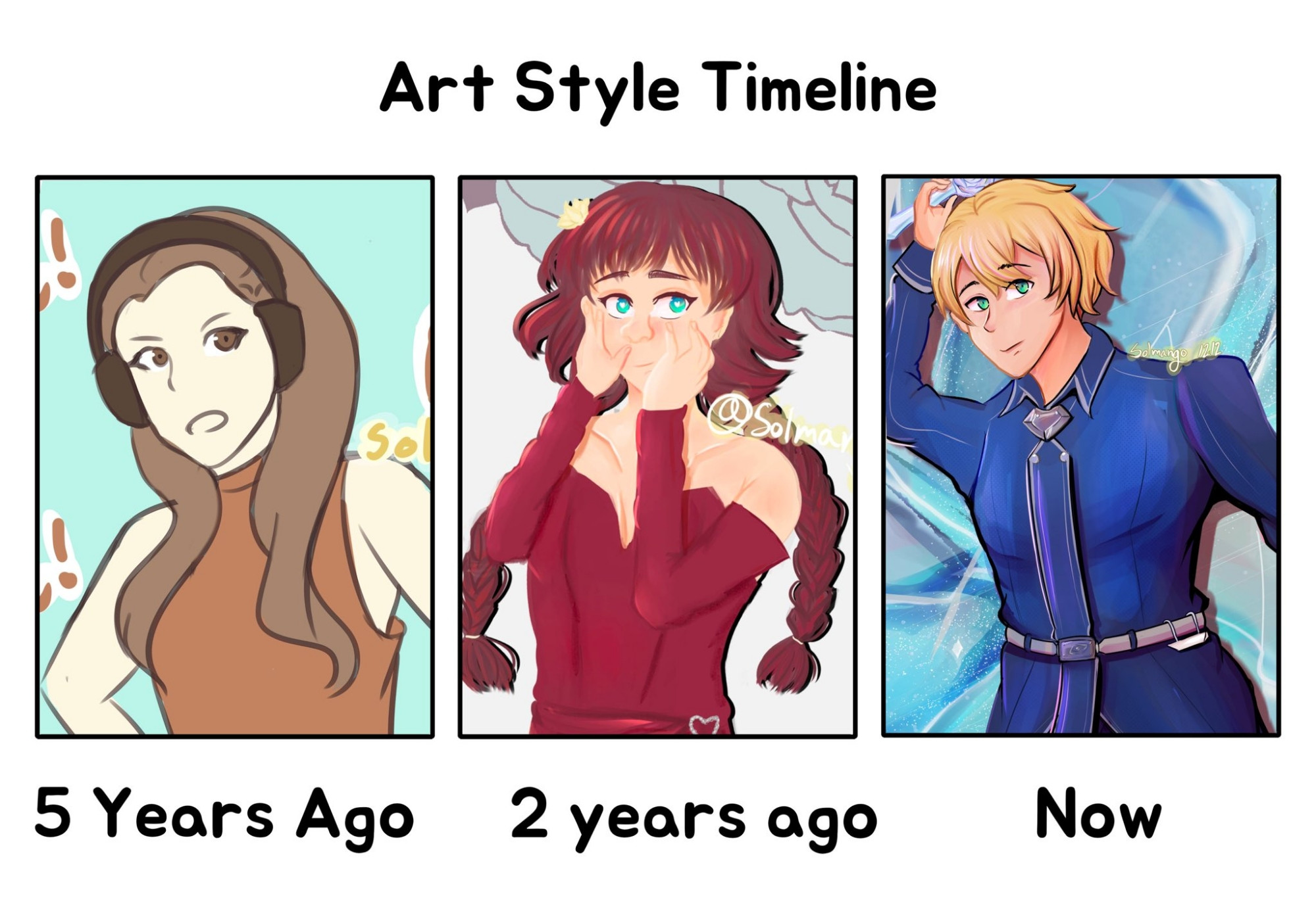 Three art pieces comparing the progress from 5 and 2 years ago, until now 