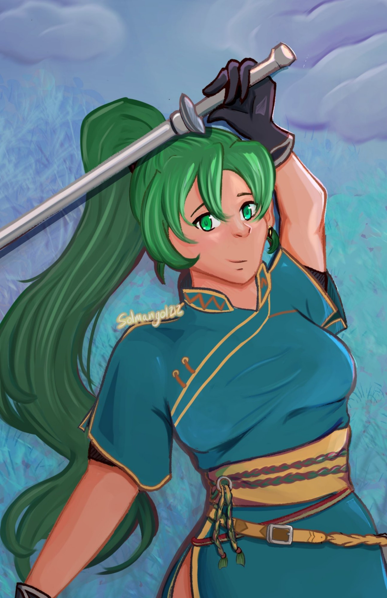 Artwork of Lyndis from Fire Emblem 7 in a field