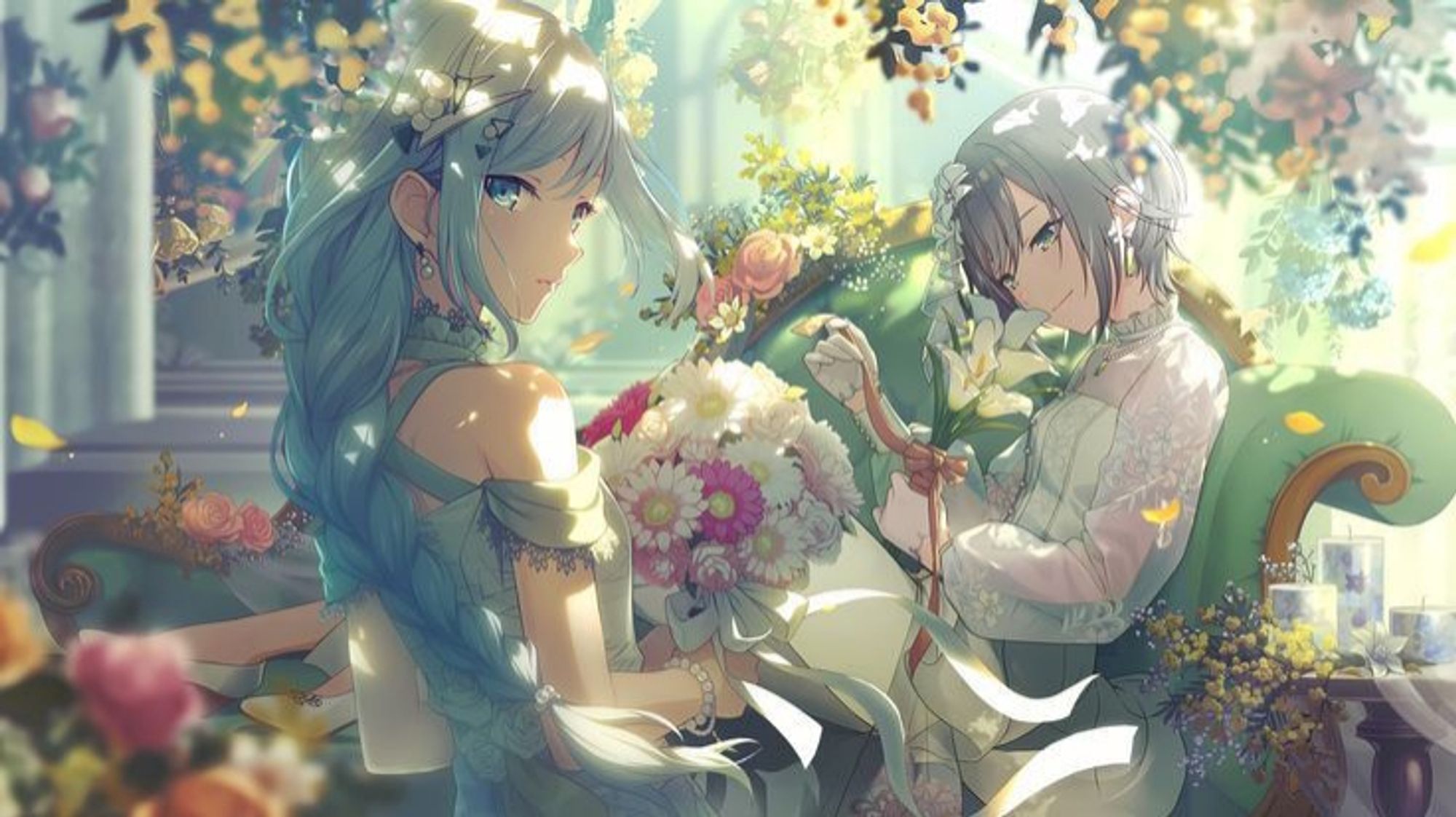 Imagem editada de Yoisaki Kanade (Nightcord at 25:00) e Hinomori Shiho (Leo/Need) juntos. Ambos os dois tão com os visuais dos cards de wedding deles, Kanade sendo 4* e Shiho um 3*. KanaShiho t4t canon btw.