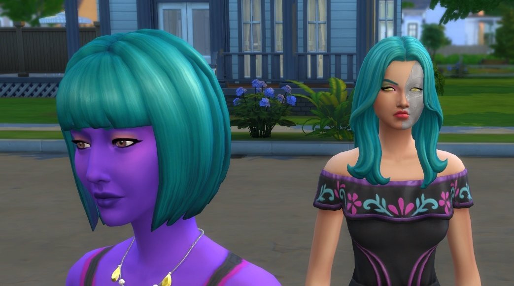 A screenshot of the Sims 4 depicting two Sims based on Hot Calc & Abby. Abby on the right is furious at Hot Calc on the left due to a bug permanently erasing her personality and making her enterally angry.