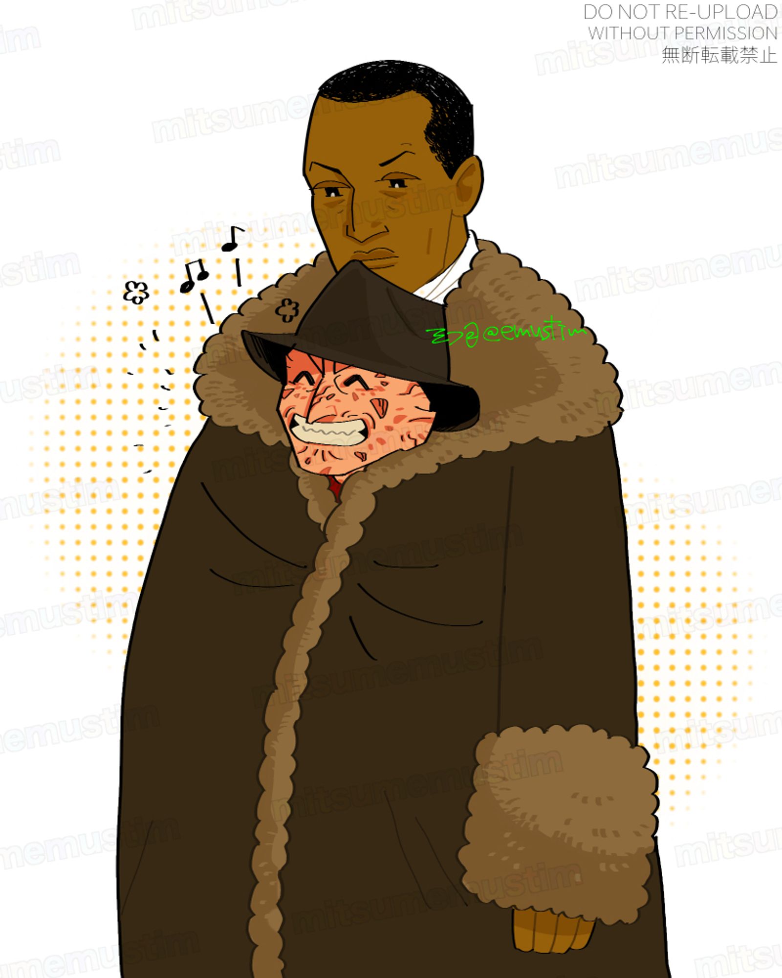 Fanart of Candyman and Freddy Krueger.
Freddy is inside Candyman's coat, smiling, with only his head sticking out. Candyman stares at Freddy with a blank expression.