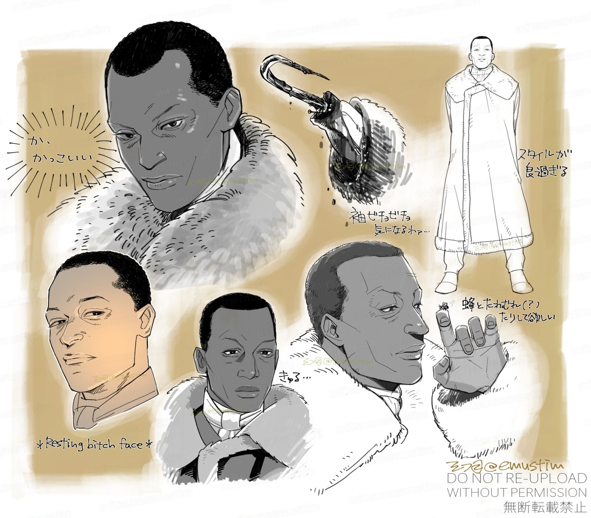 A compilation of some drawings of fanart of Candyman from the 1992 film "Candyman". The rough meanings of texts are, top row, from left: "good looking" "I'm worried about wet sleeves" "very good style". Bottom row, from left: "Resting bitch face" "kyuru (onomatopoeia for puppy dog eyes)" and "I want him to play with the bees."