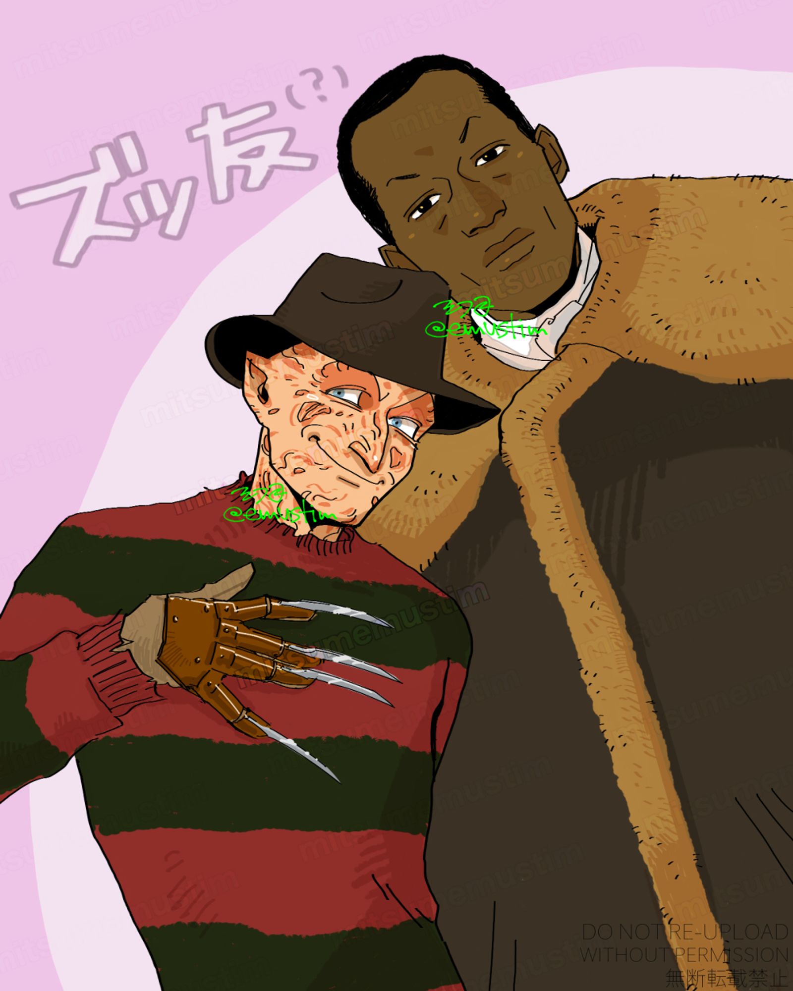 Fanart of Candyman and Freddy Krueger. They stand side by side with their faces tilted toward each other. Freddy smiles, Candyman has a straight face.