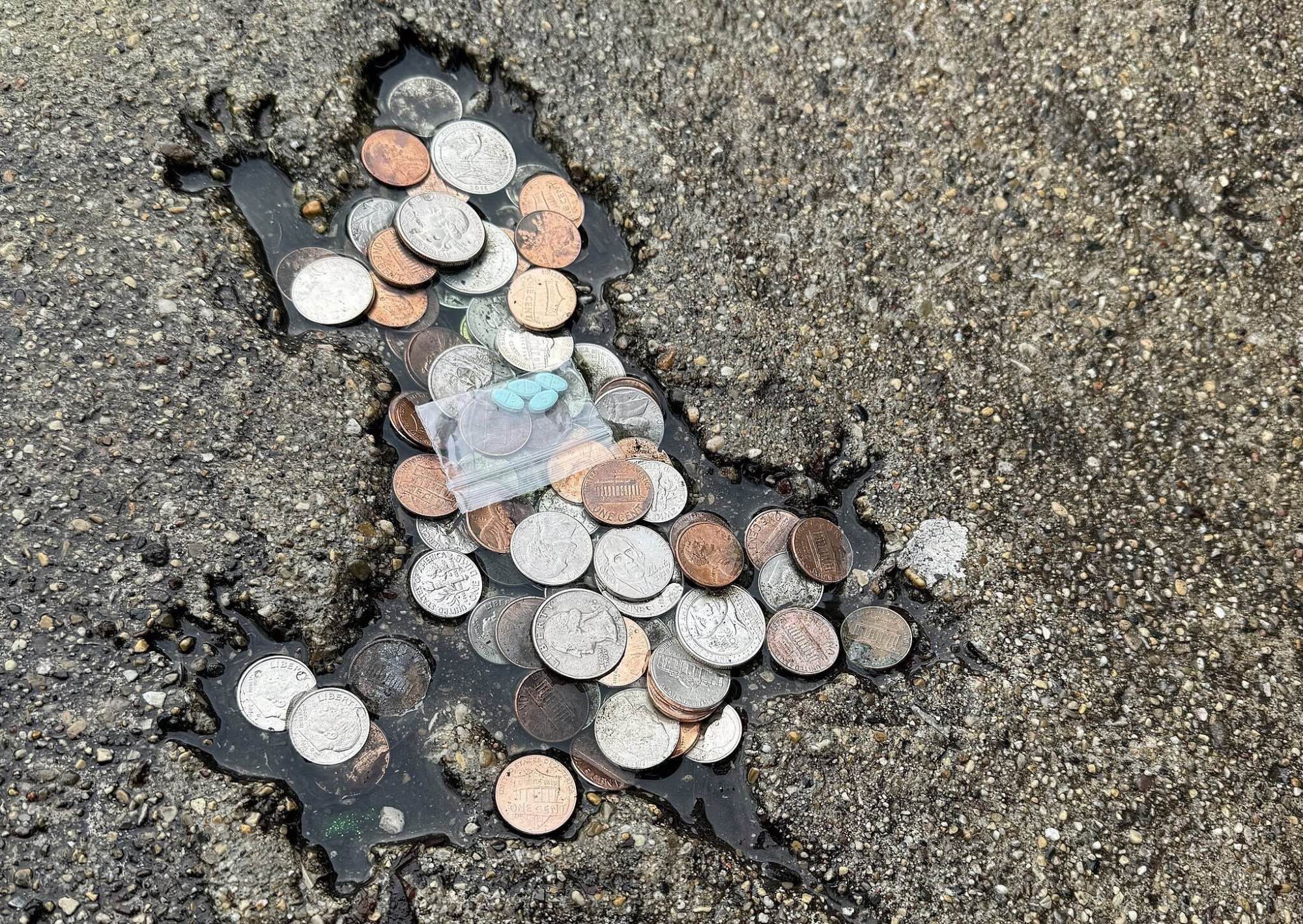 Cement imprint of a rat filled with coins and pills