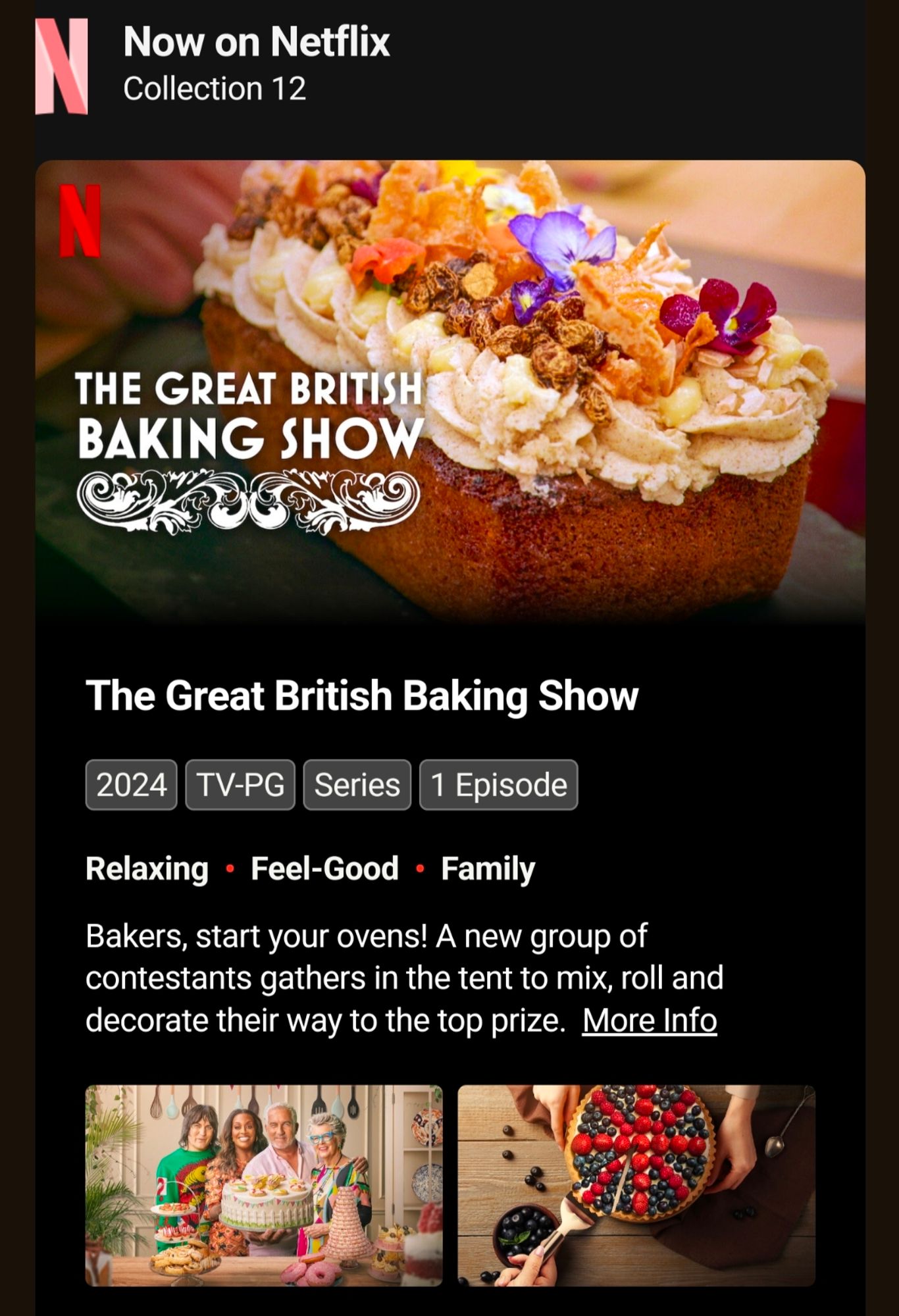 Netflix announcing that season 12 of The Great British Baking Show is available